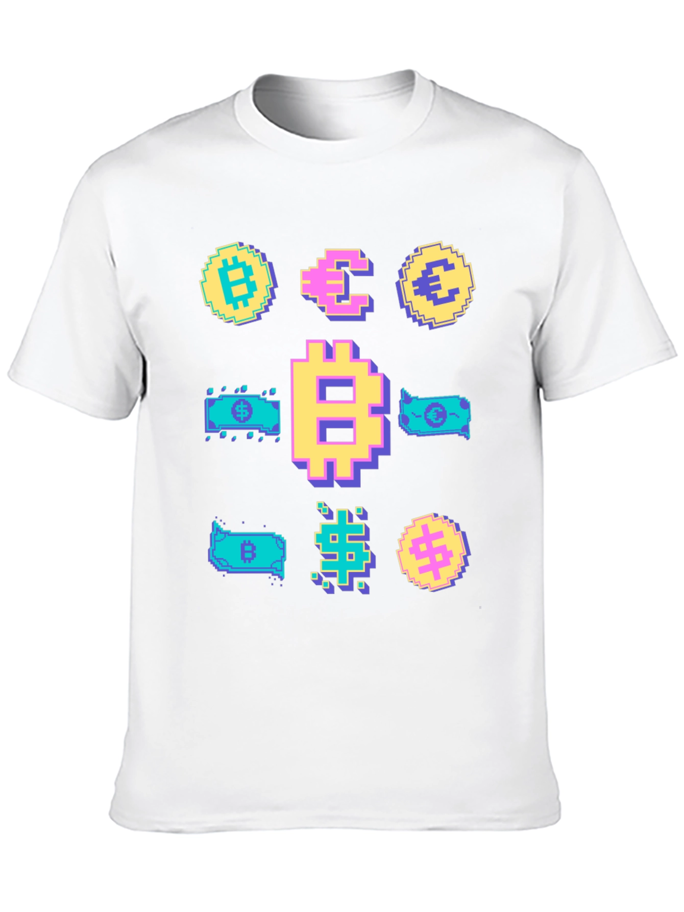Crypto Pixel Art T-Shirt: Bitcoin Euro Dollar
