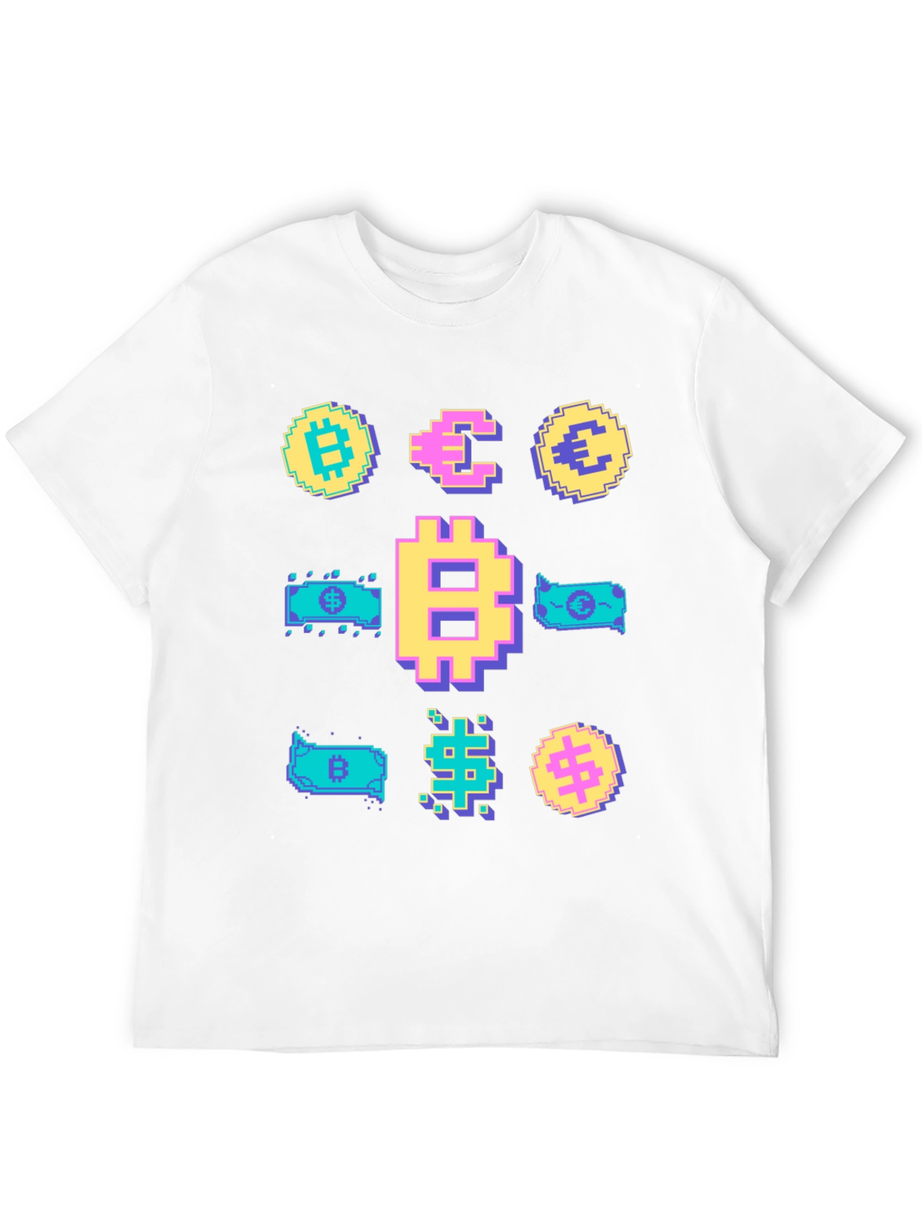 Crypto Pixel Art T-Shirt: Bitcoin Euro Dollar