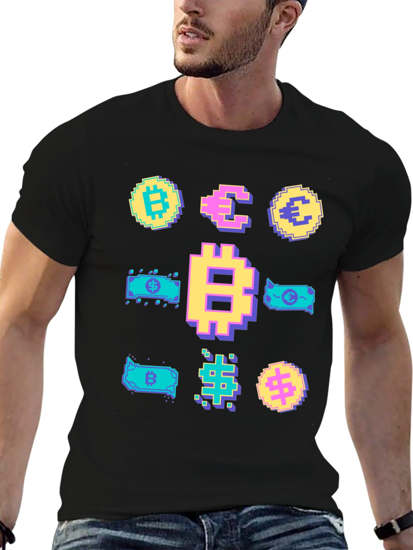 Crypto Pixel Art T-Shirt: Bitcoin Euro Dollar
