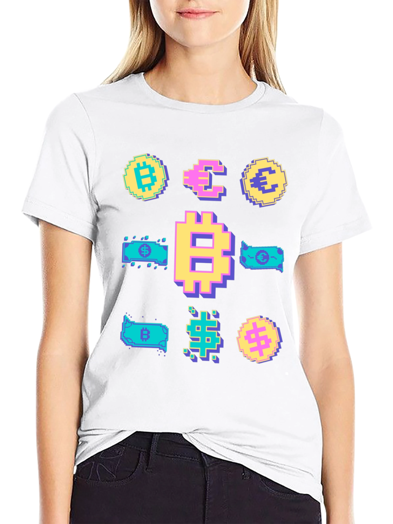 Crypto Pixel Art T-Shirt: Bitcoin Euro Dollar