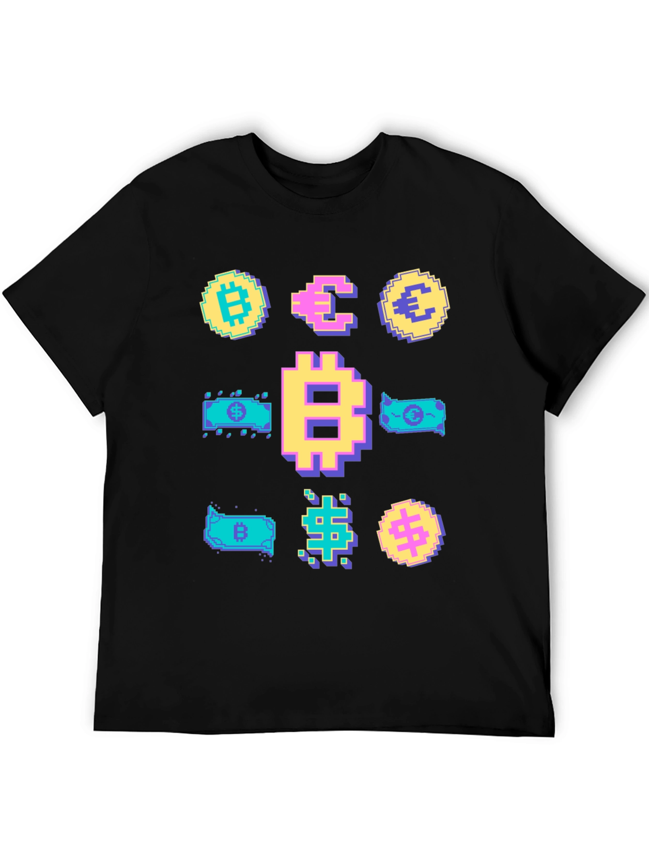 Crypto Pixel Art T-Shirt: Bitcoin Euro Dollar