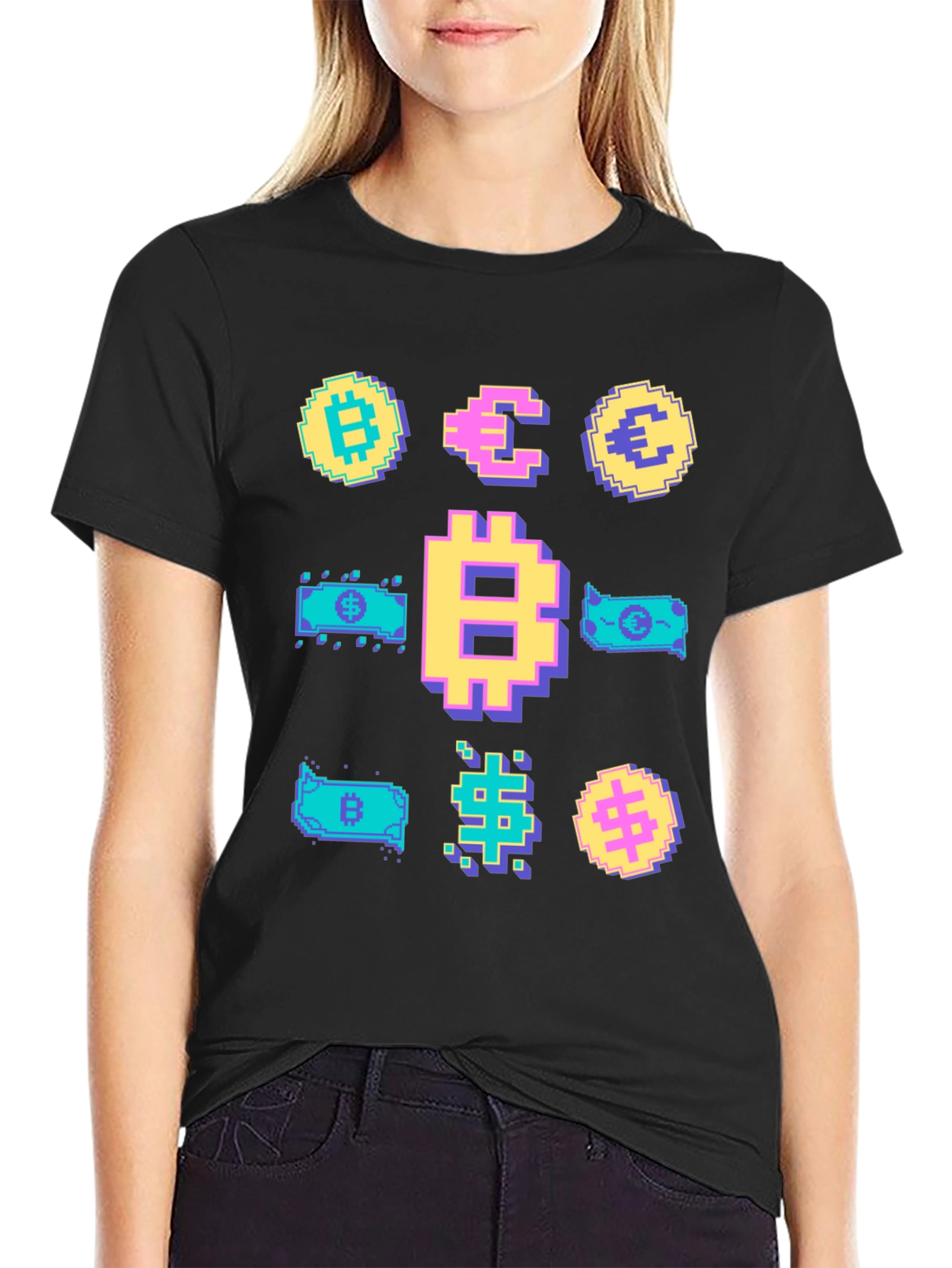 Crypto Pixel Art T-Shirt: Bitcoin Euro Dollar