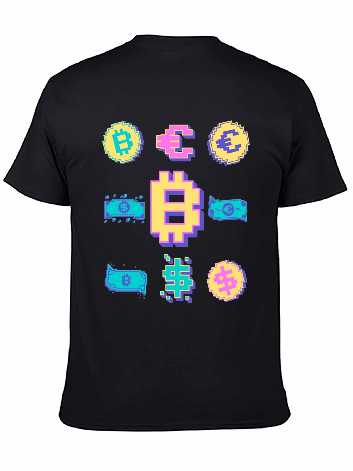Crypto Pixel Art T-Shirt: Bitcoin Euro Dollar
