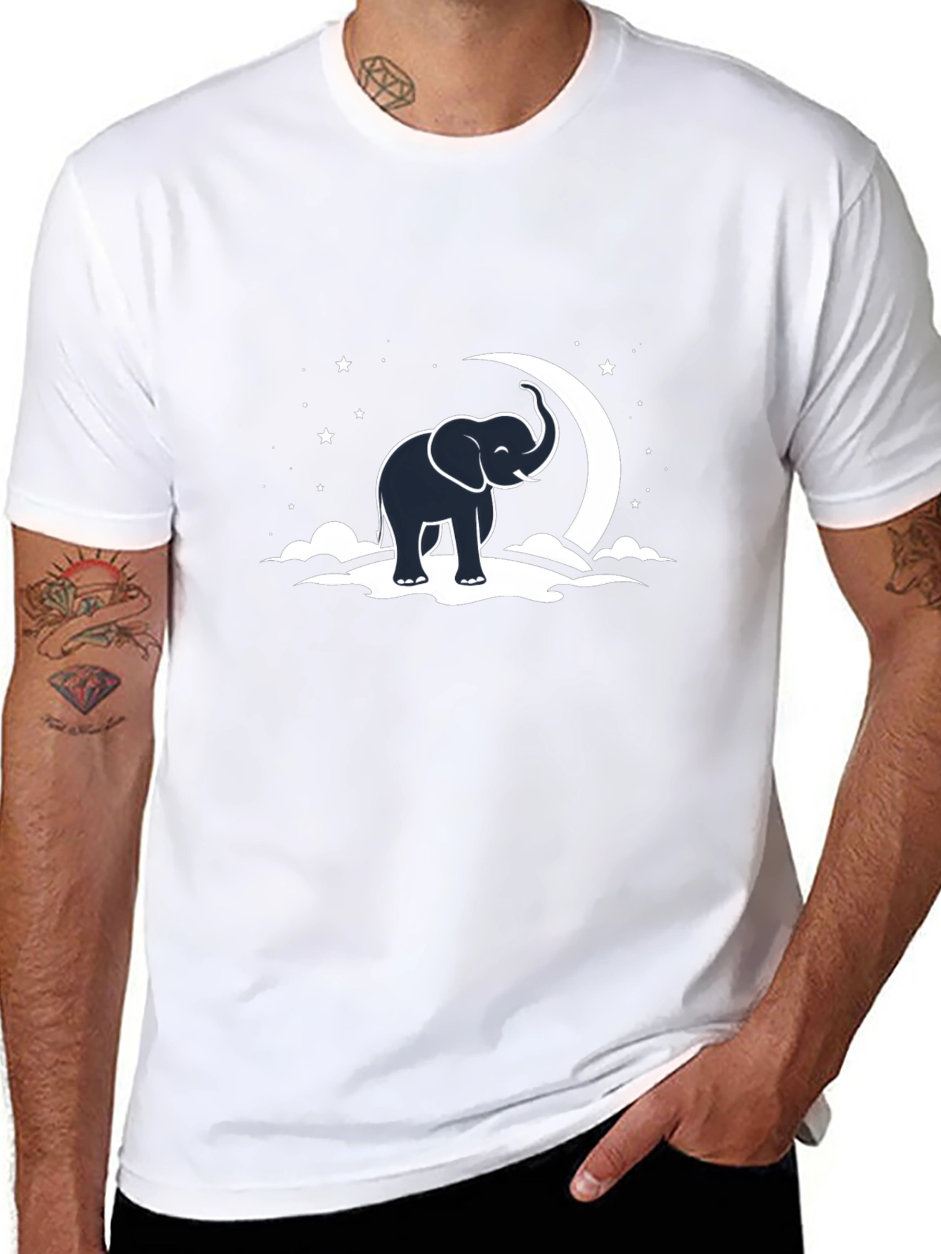 Elephant & Moon Graphic Tee - Black Cotton T-Shirt