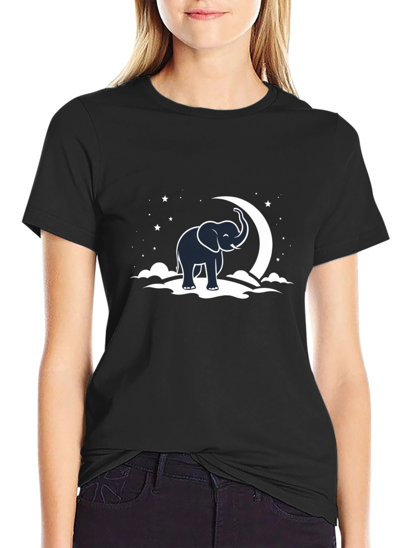 Elephant & Moon Graphic Tee - Black Cotton T-Shirt
