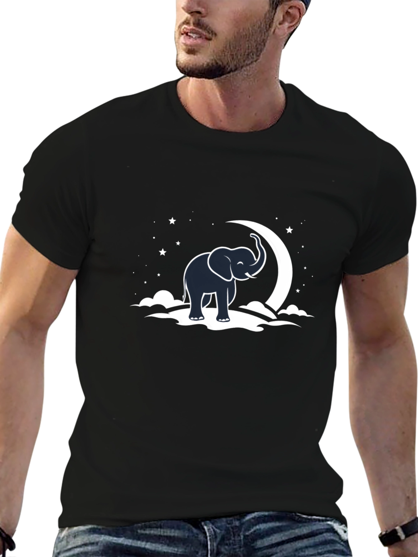 Elephant & Moon Graphic Tee - Black Cotton T-Shirt