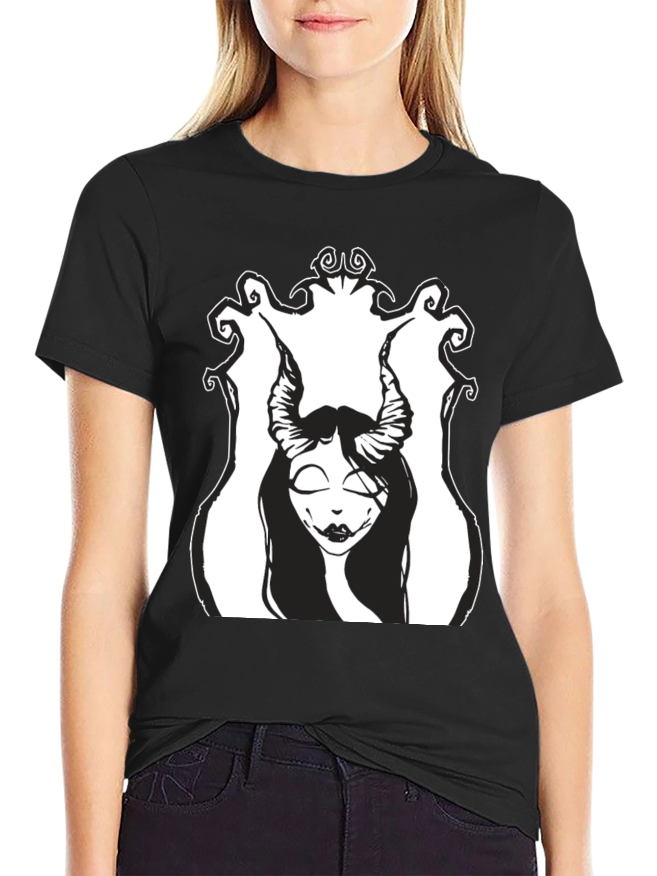Black T-Shirt with Gothic Horned Girl Graphic
