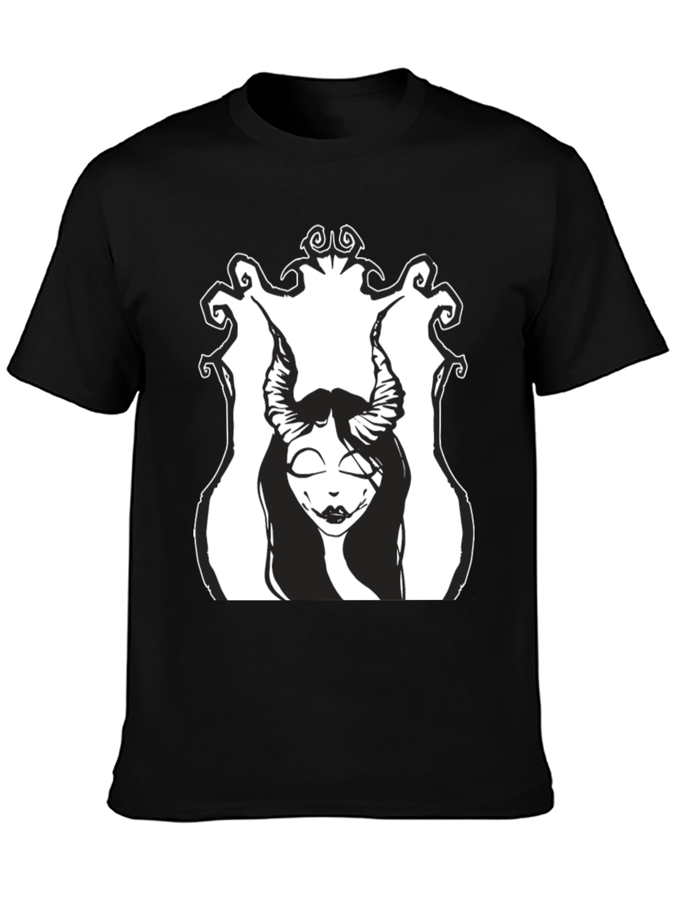 Black T-Shirt with Gothic Horned Girl Graphic