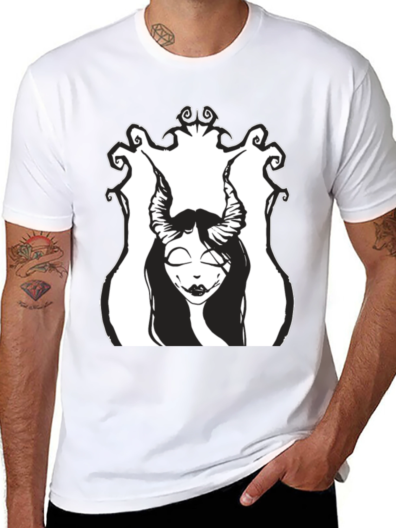 Black T-Shirt with Gothic Horned Girl Graphic