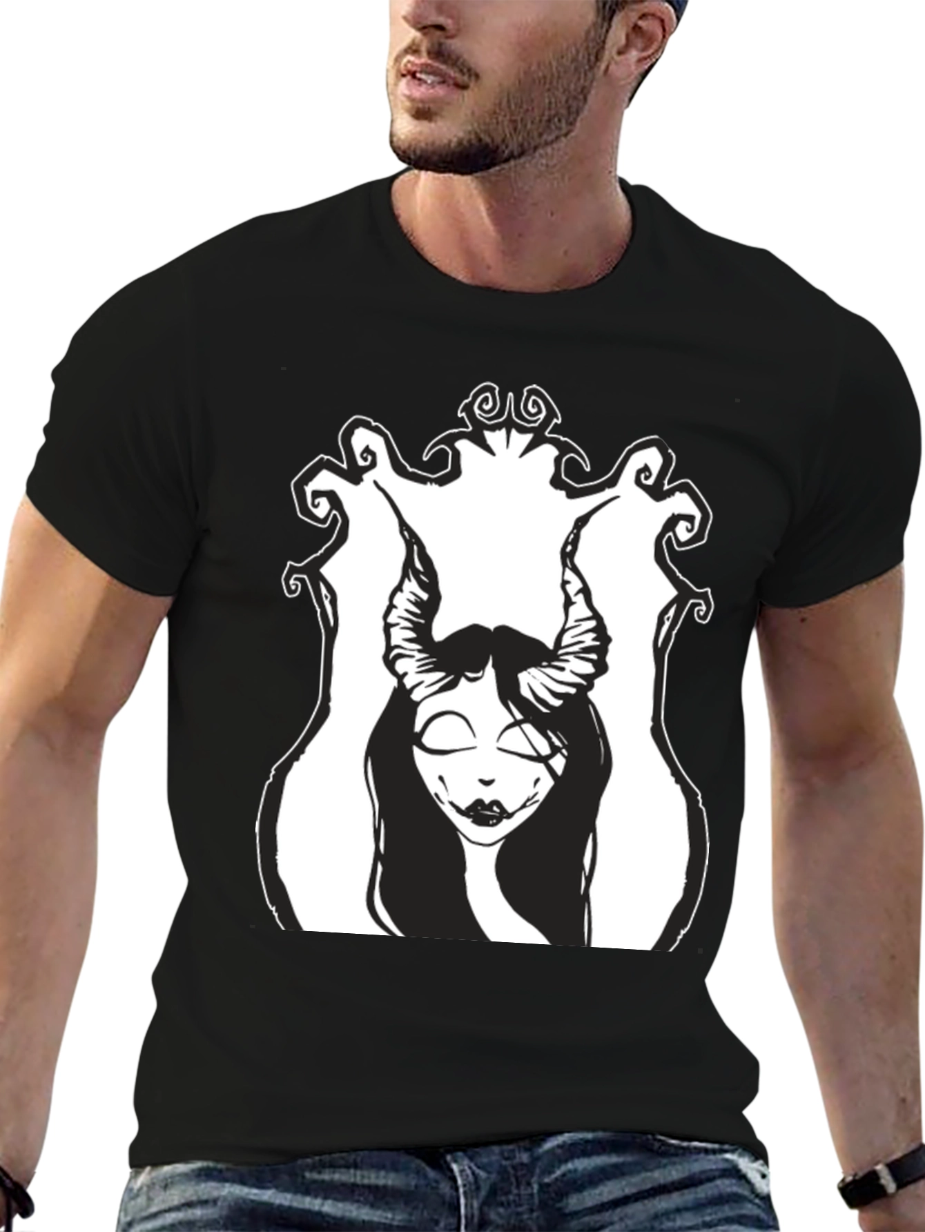 Black T-Shirt with Gothic Horned Girl Graphic