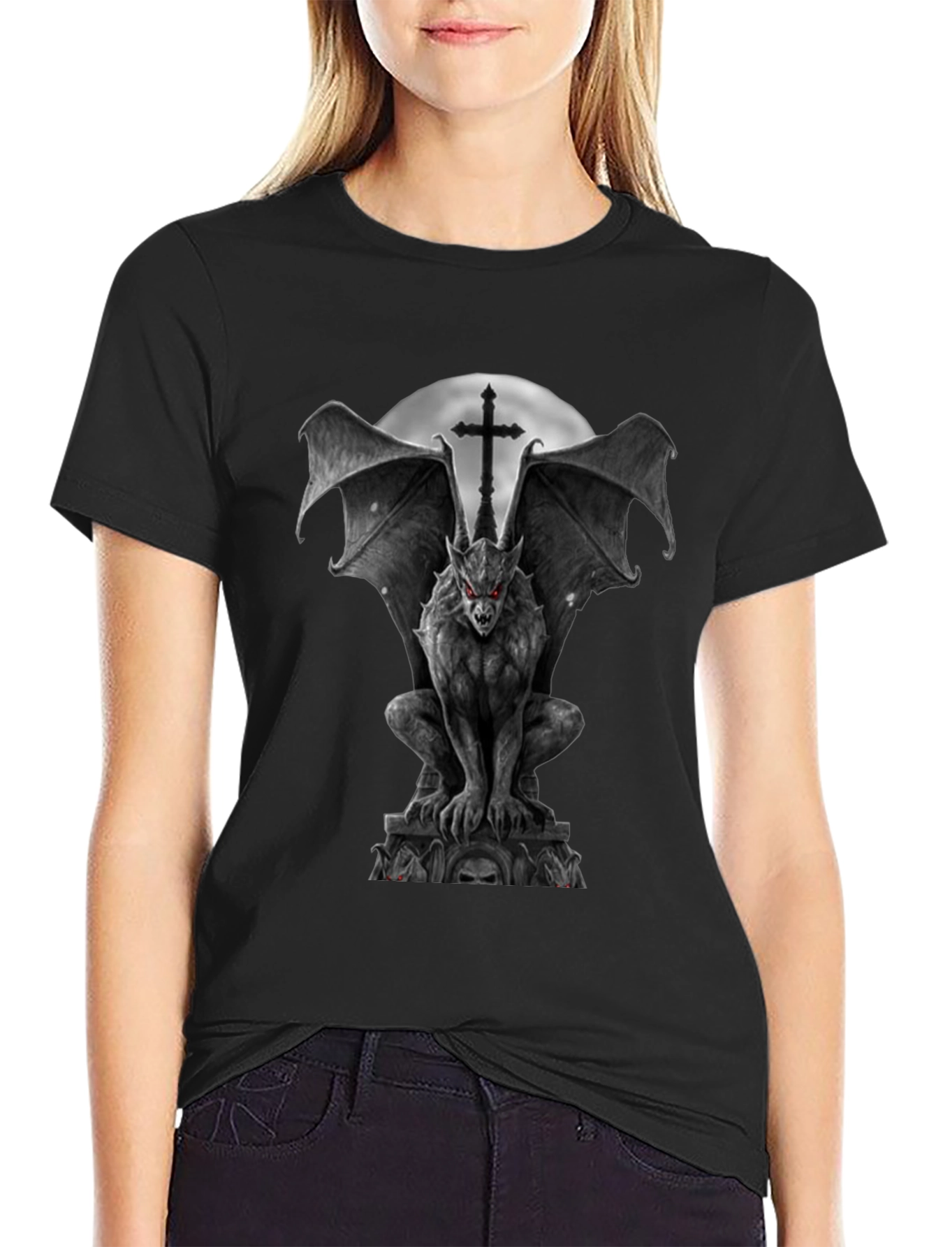 Gargoyle Gothic T-Shirt - Winged Demon & Cross Design