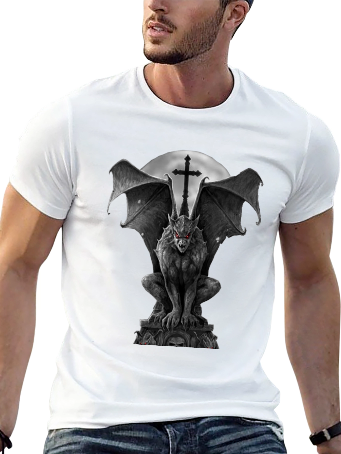 Gargoyle Gothic T-Shirt - Winged Demon & Cross Design