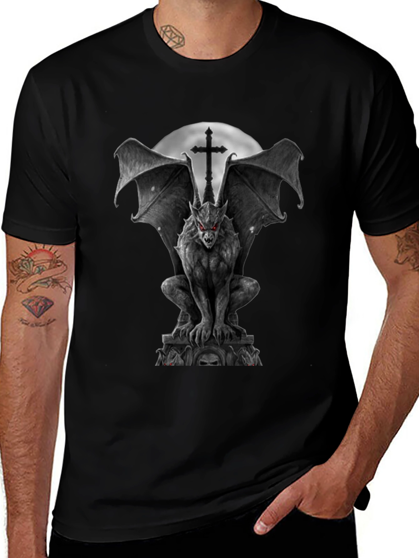 Gargoyle Gothic T-Shirt - Winged Demon & Cross Design