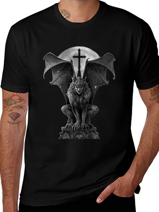 Gargoyle Gothic T-Shirt - Winged Demon & Cross Design