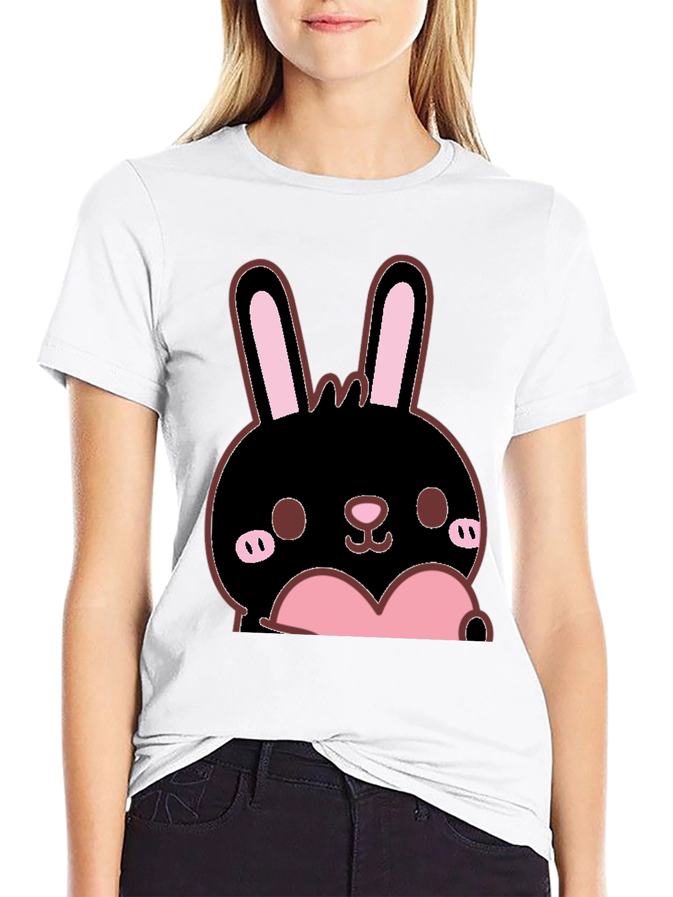 Kawaii Bunny Heart Graphic Tee - Black