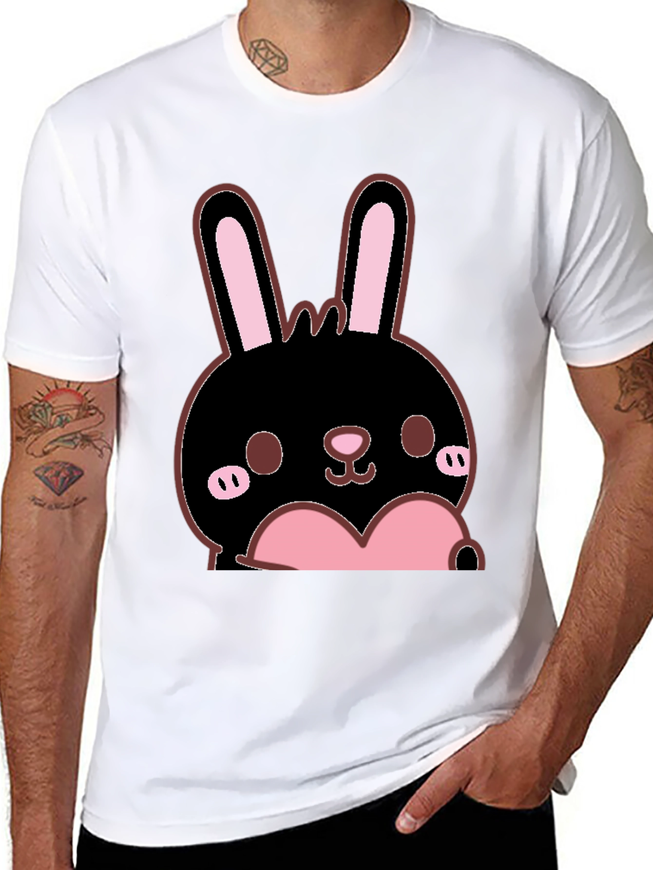 Kawaii Bunny Heart Graphic Tee - Black