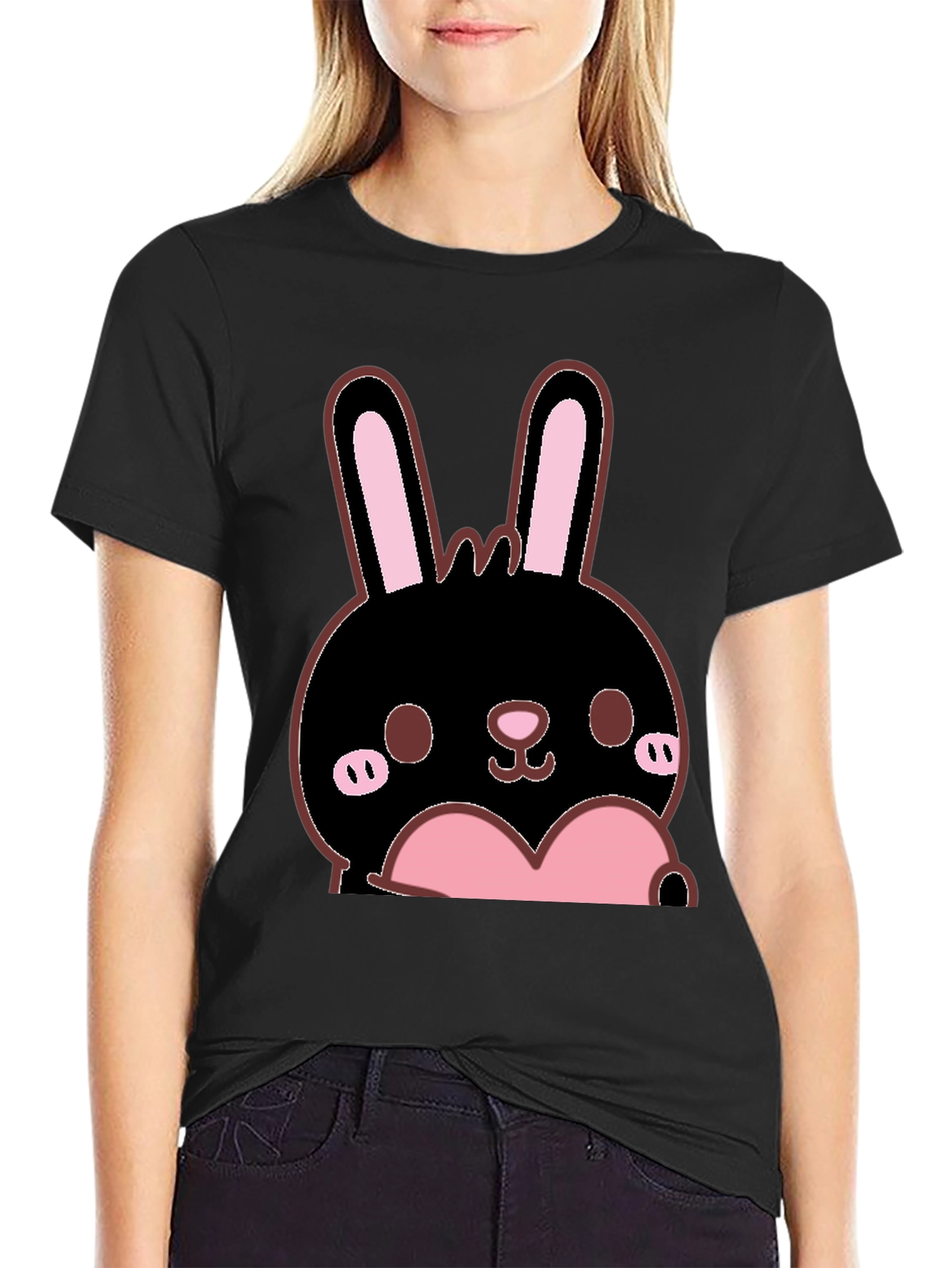Kawaii Bunny Heart Graphic Tee - Black