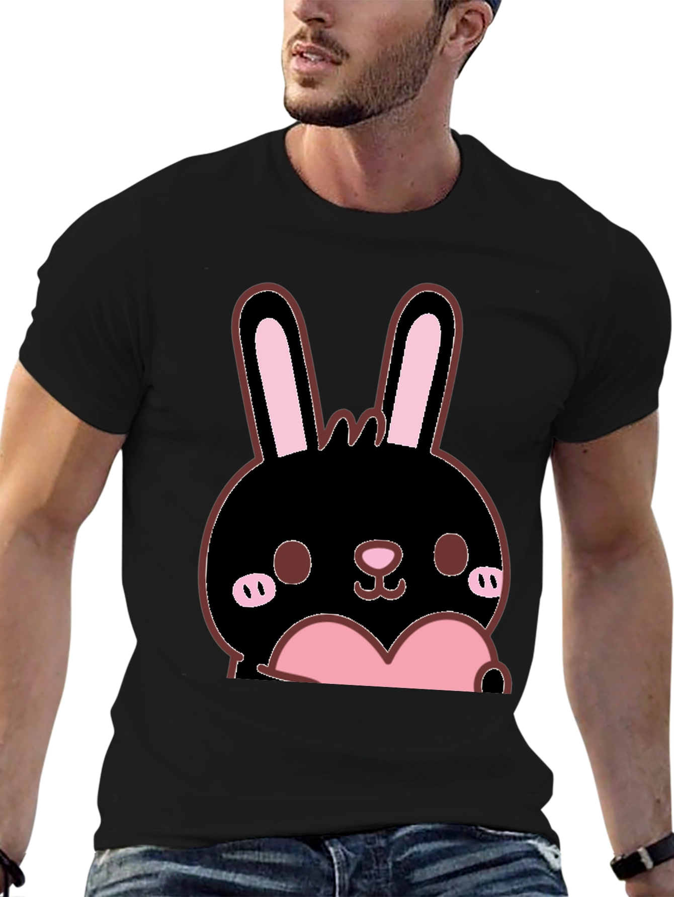 Kawaii Bunny Heart Graphic Tee - Black
