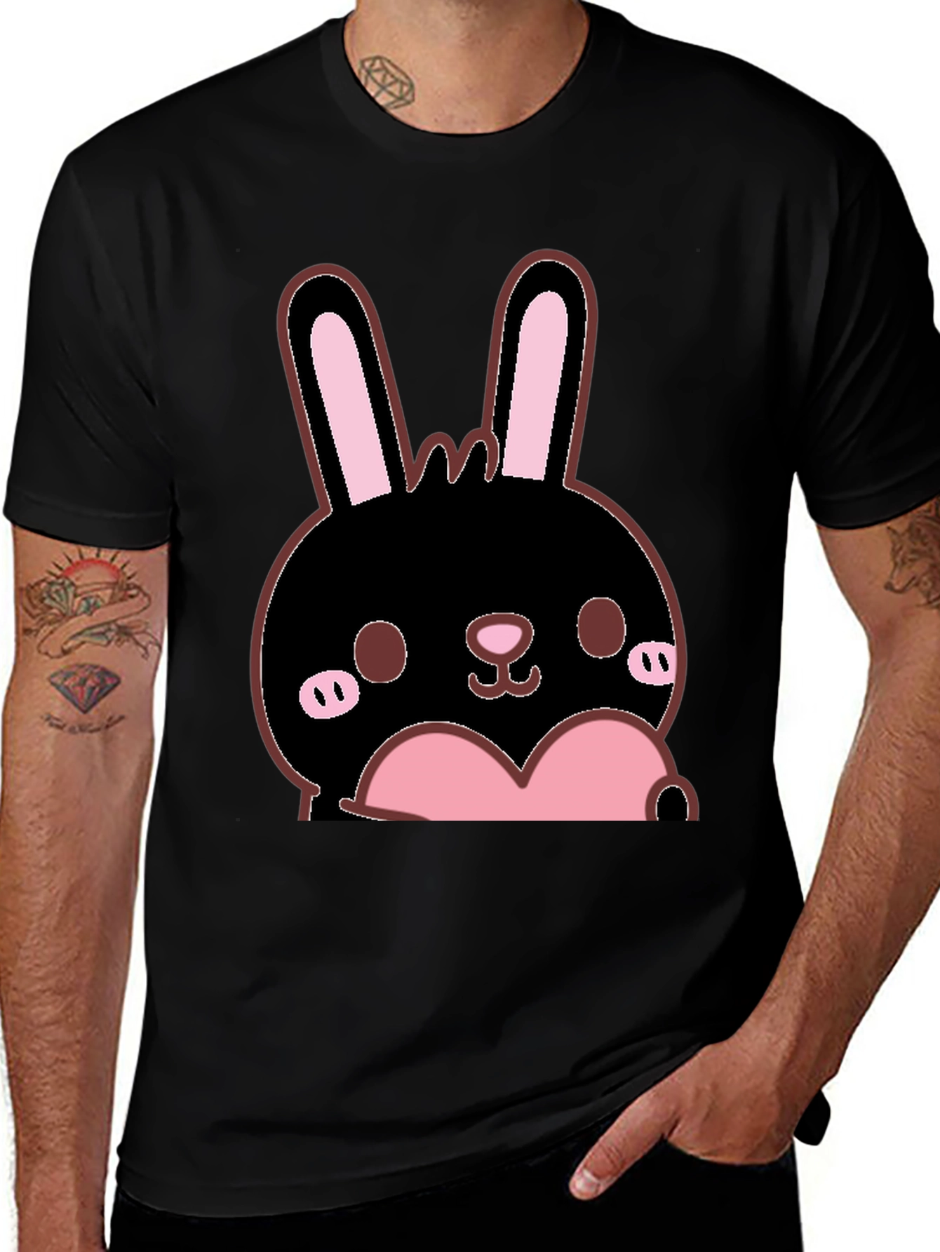 Kawaii Bunny Heart Graphic Tee - Black