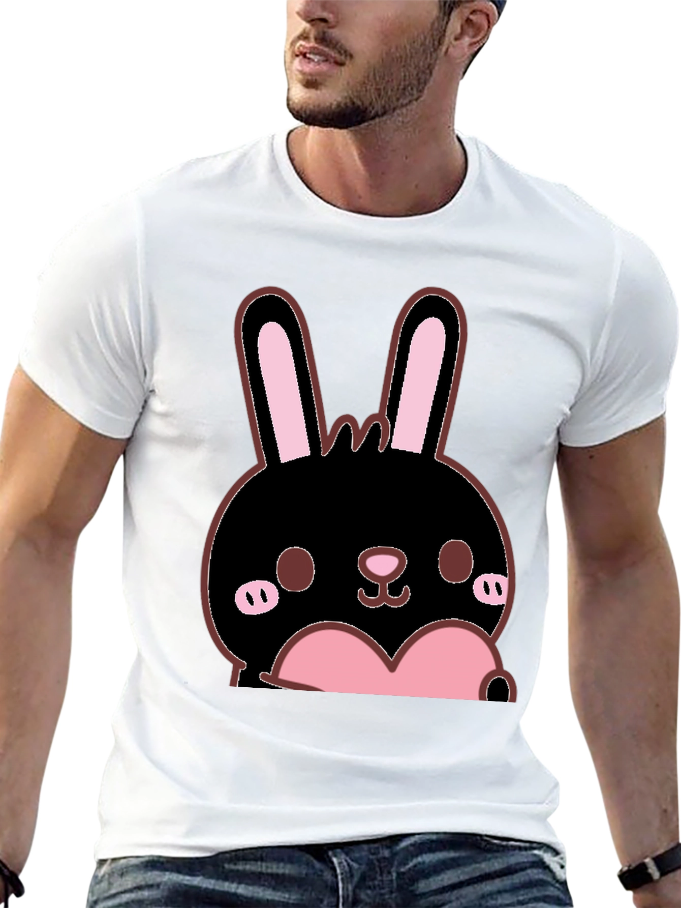 Kawaii Bunny Heart Graphic Tee - Black