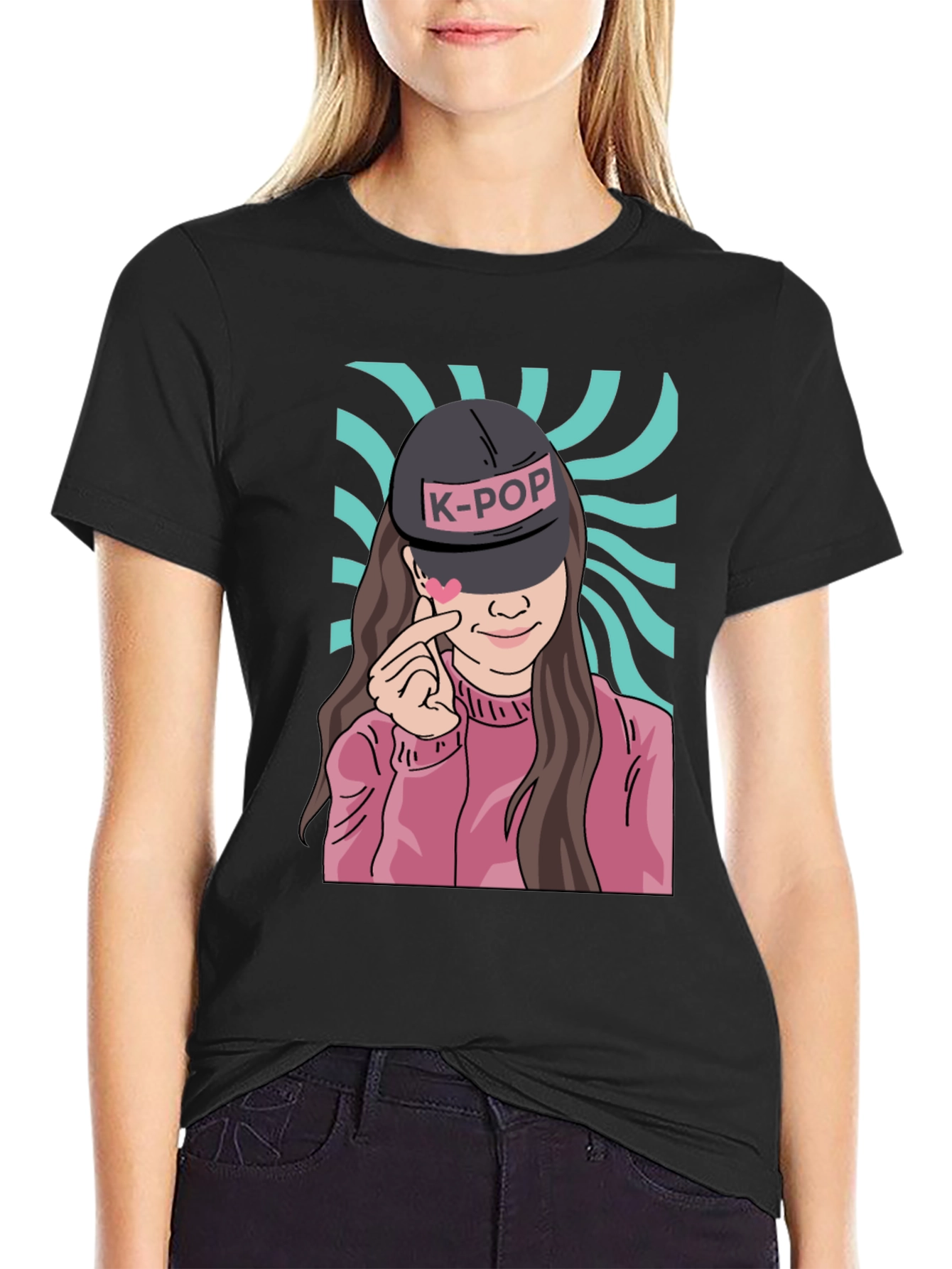K-Pop Girl Graphic Print Black T-Shirt