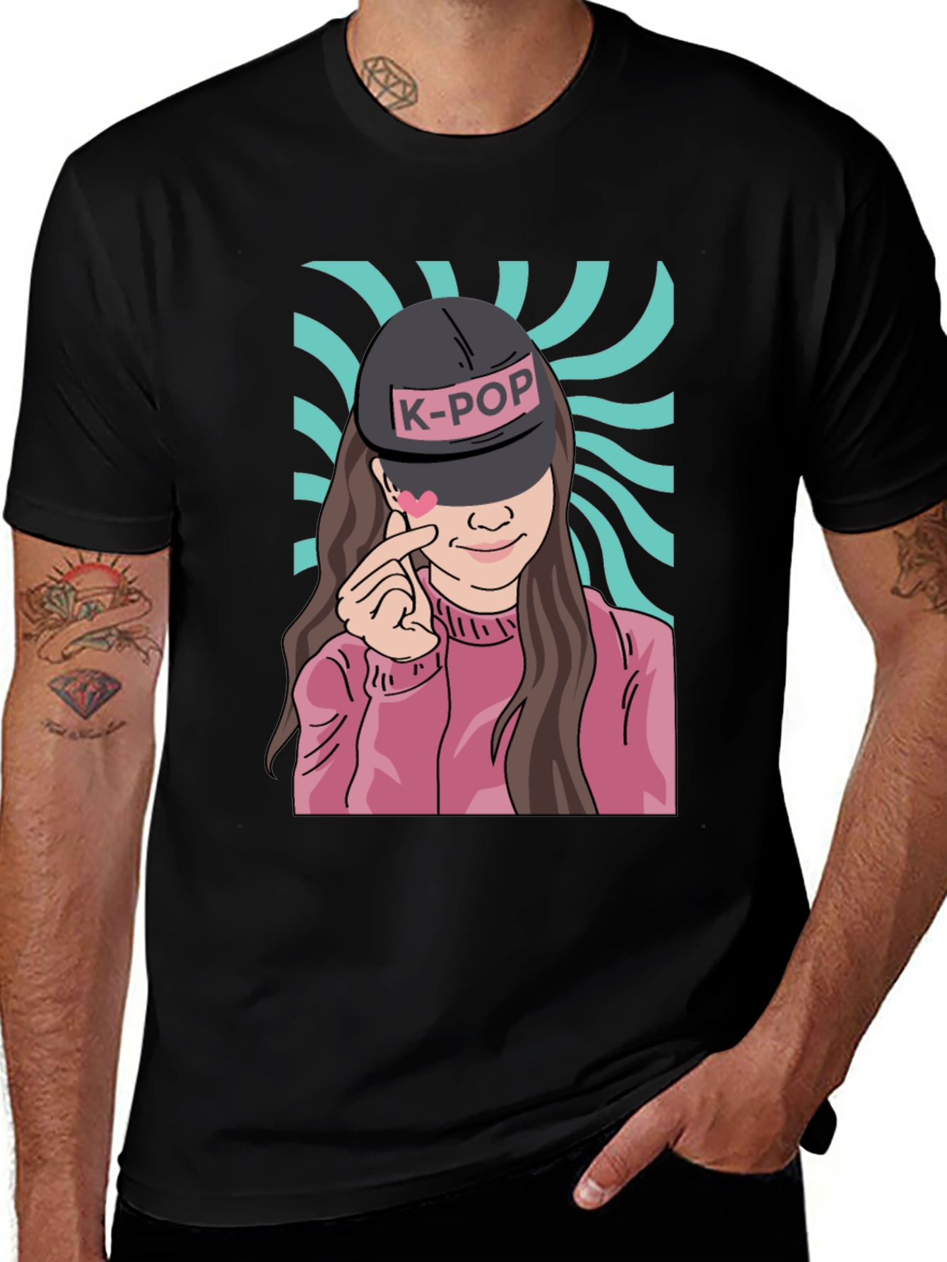 K-Pop Girl Graphic Print Black T-Shirt