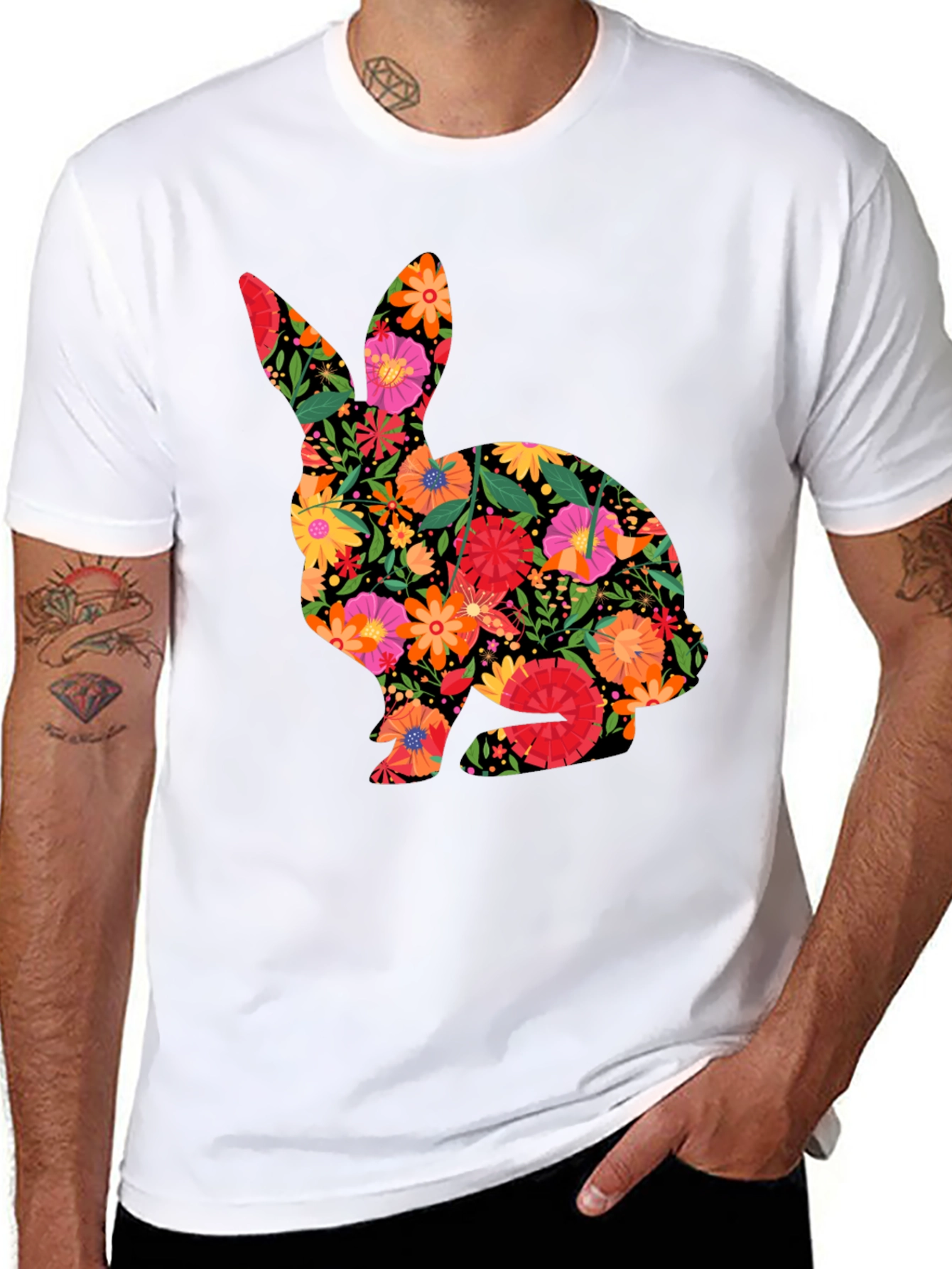 Floral Easter Bunny Mens Black T-Shirt