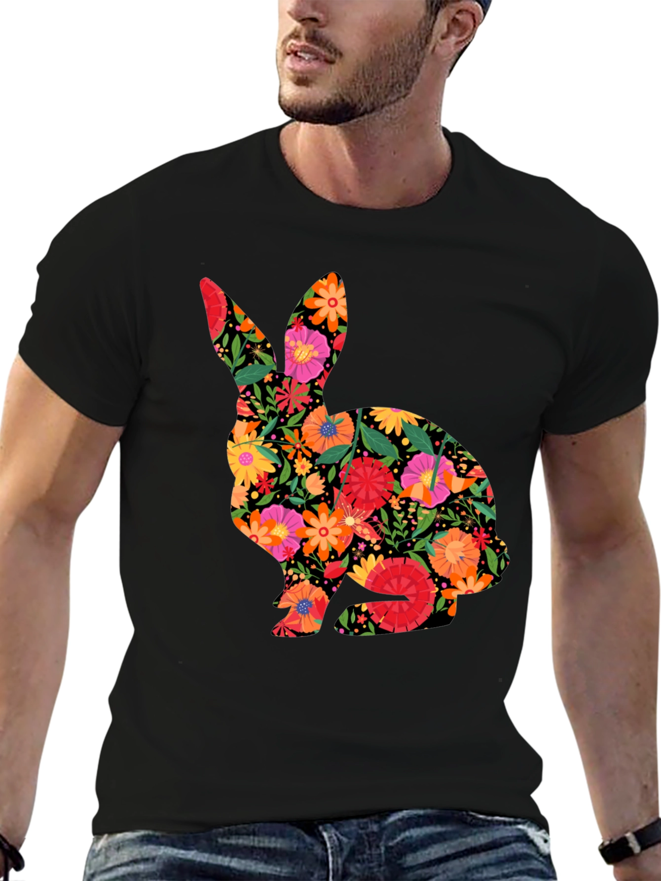 Floral Easter Bunny Mens Black T-Shirt