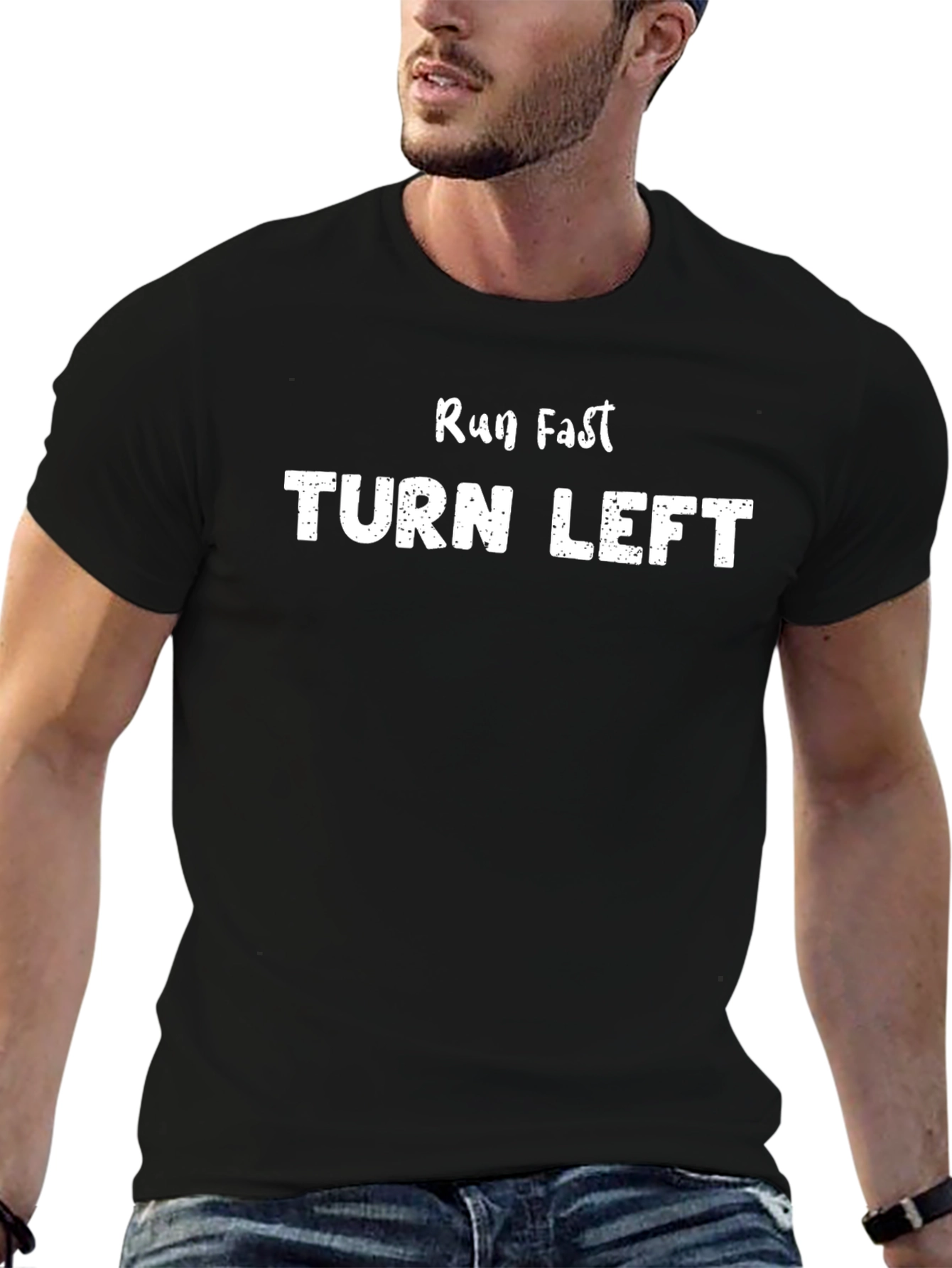 Run Fast Turn Left Black Cotton Graphic Tee