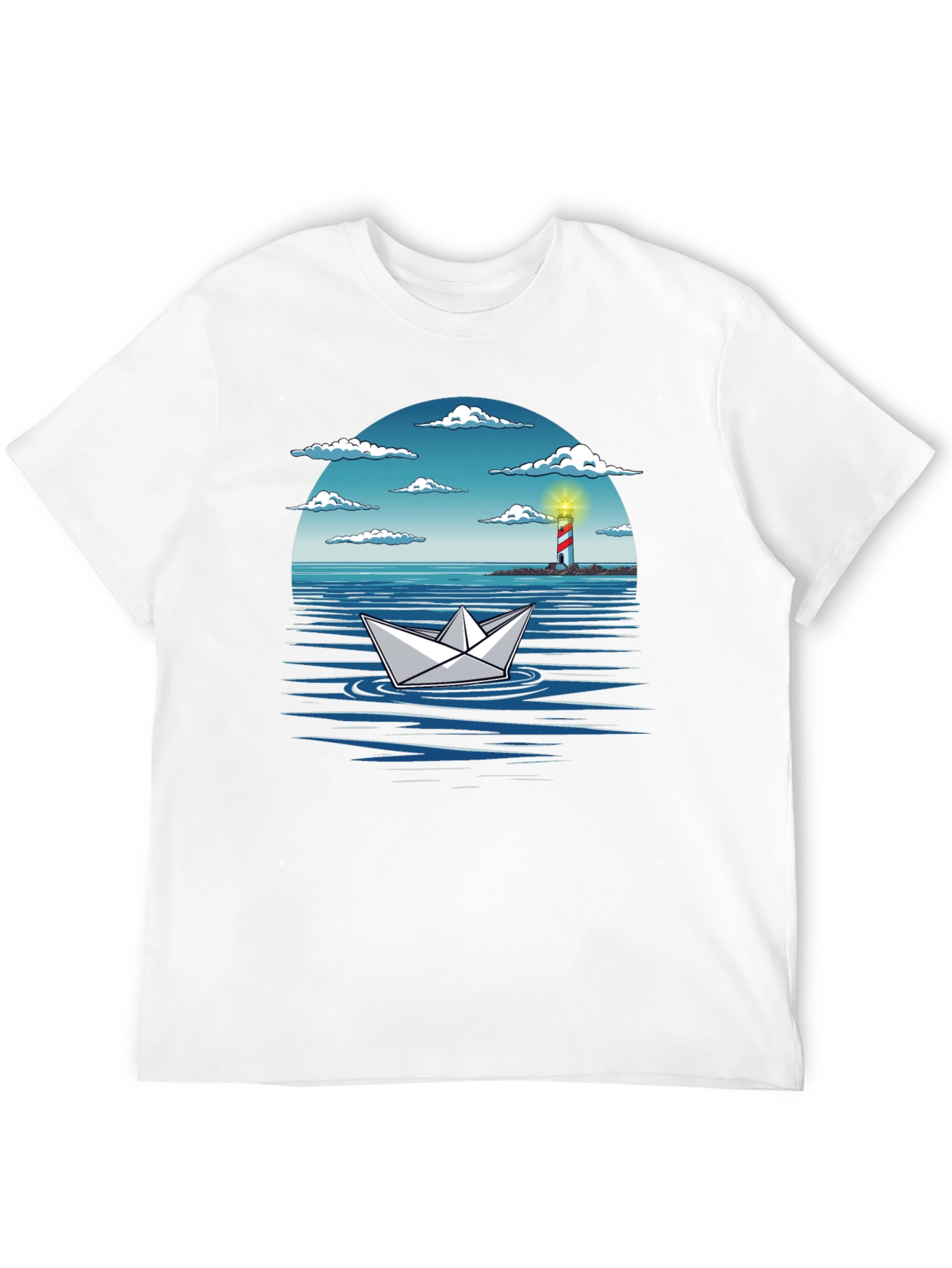 Paper Boat Lighthouse Graphic Tee - Nautical Adventure Shirt