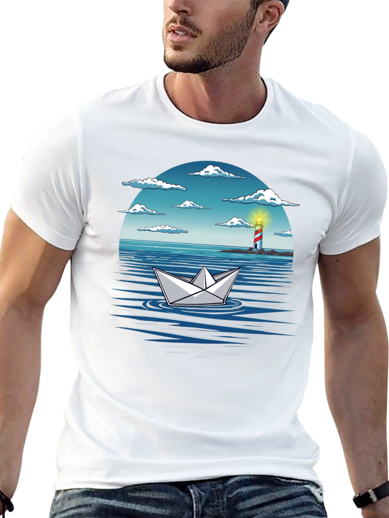 Paper Boat Lighthouse Graphic Tee - Nautical Adventure Shirt