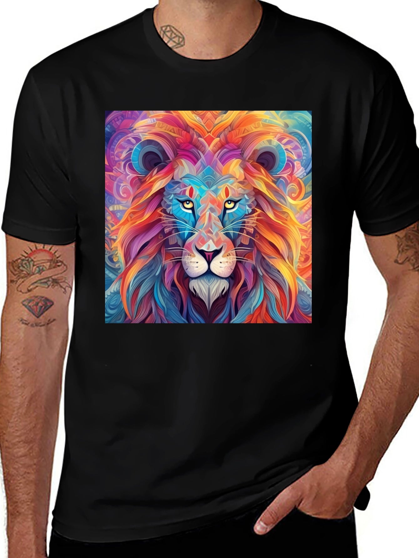 Vibrant Lion Graphic Print Black T-Shirt
