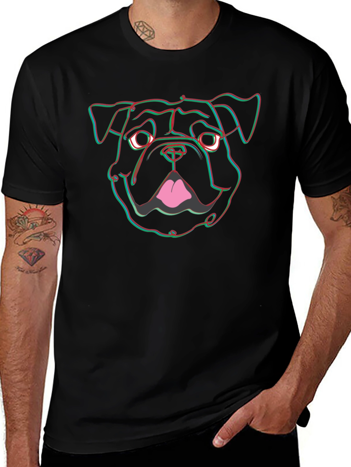 Cool 3D Bulldog Graphic Print Black T-Shirt