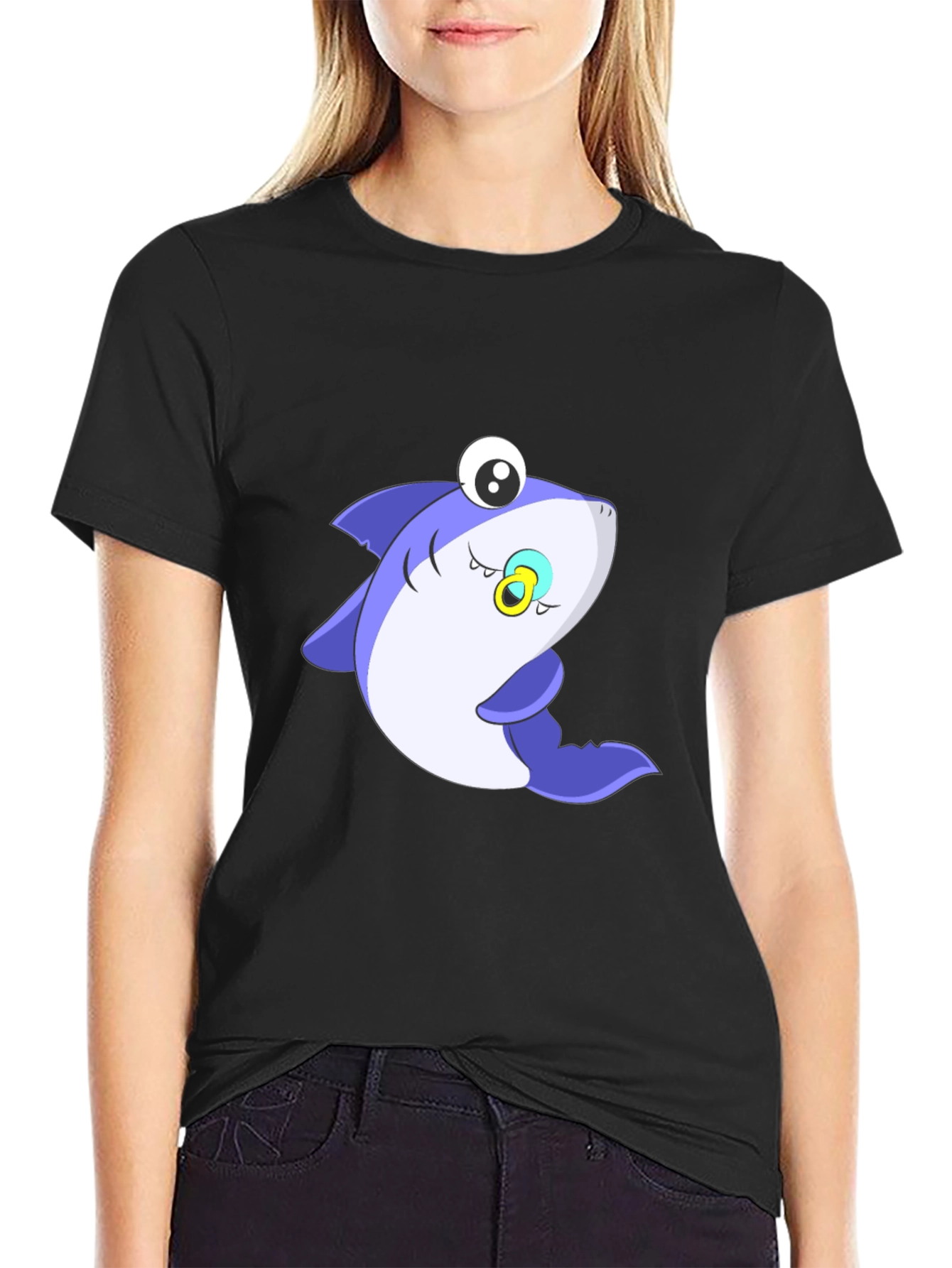 Cute Shark Graphic Tee - Black Cotton Blend