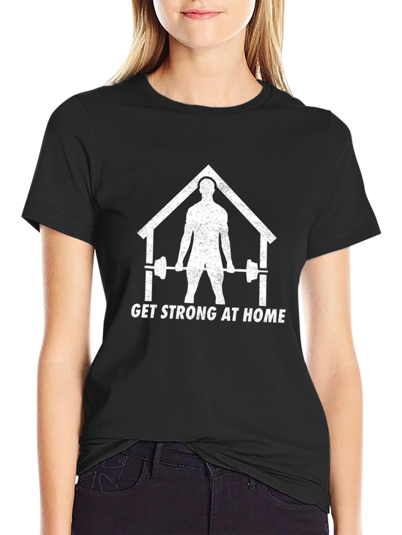 Get Strong At Home Black T-Shirt - Weightlifting