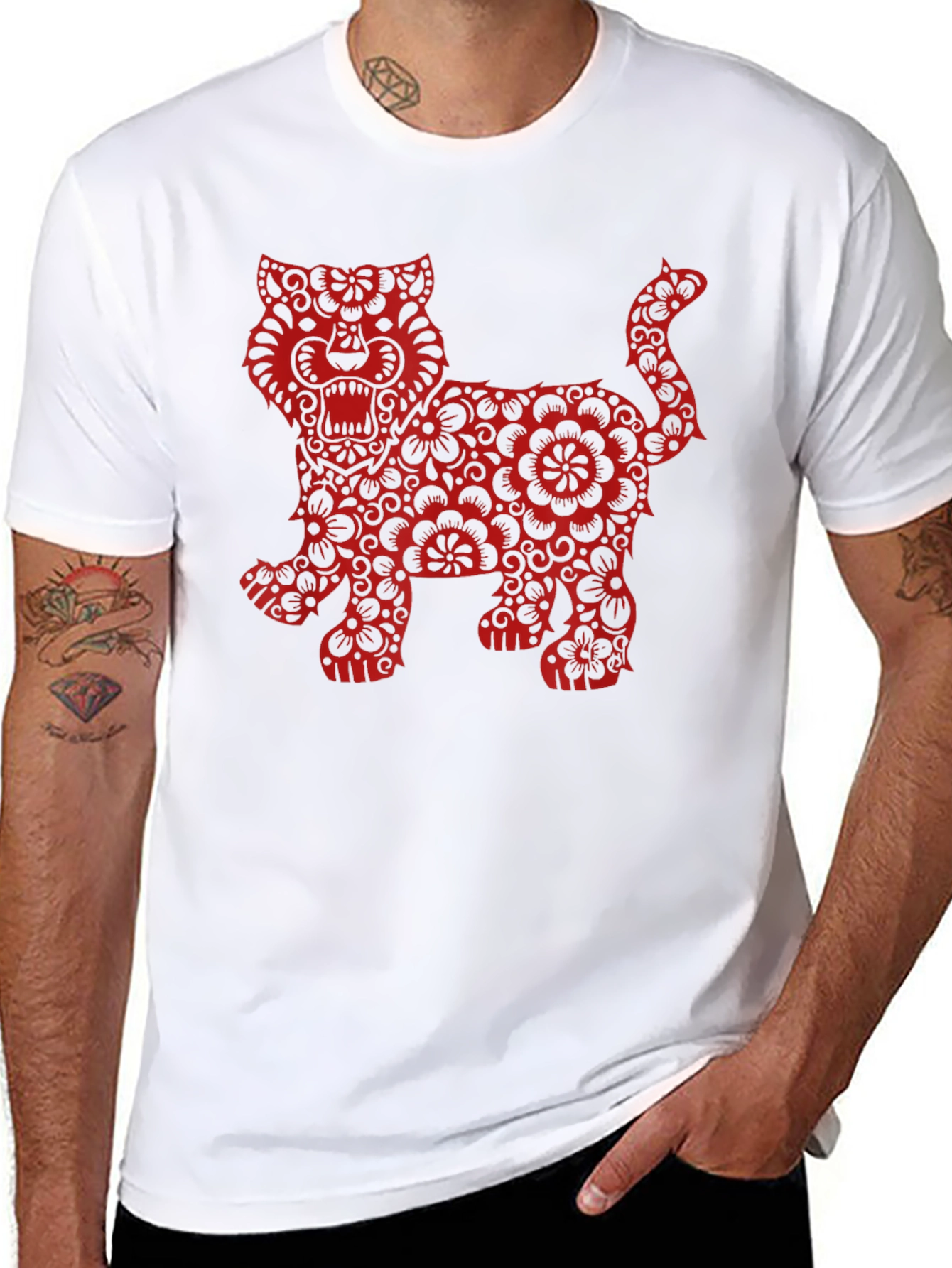 Floral Tiger Graphic Print Black T-Shirt