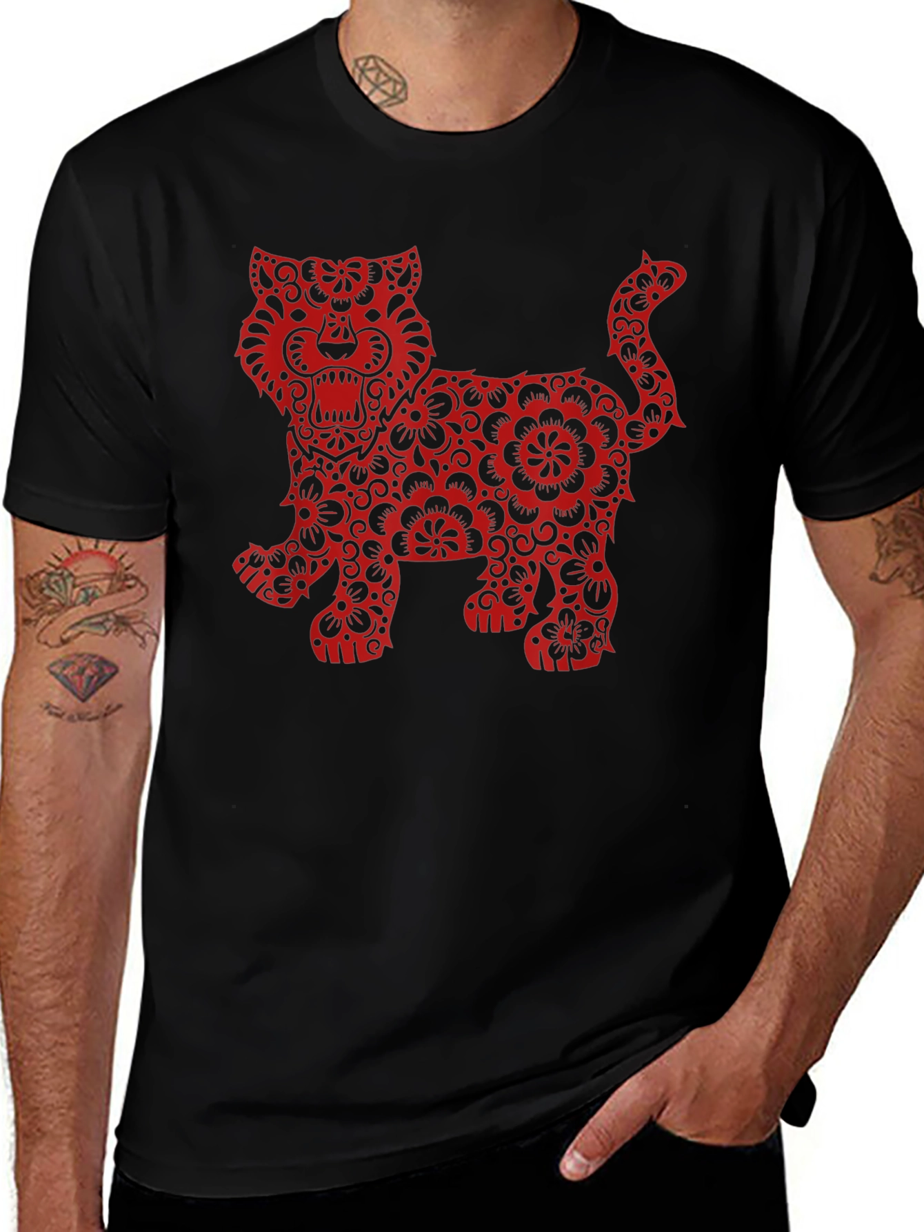 Floral Tiger Graphic Print Black T-Shirt