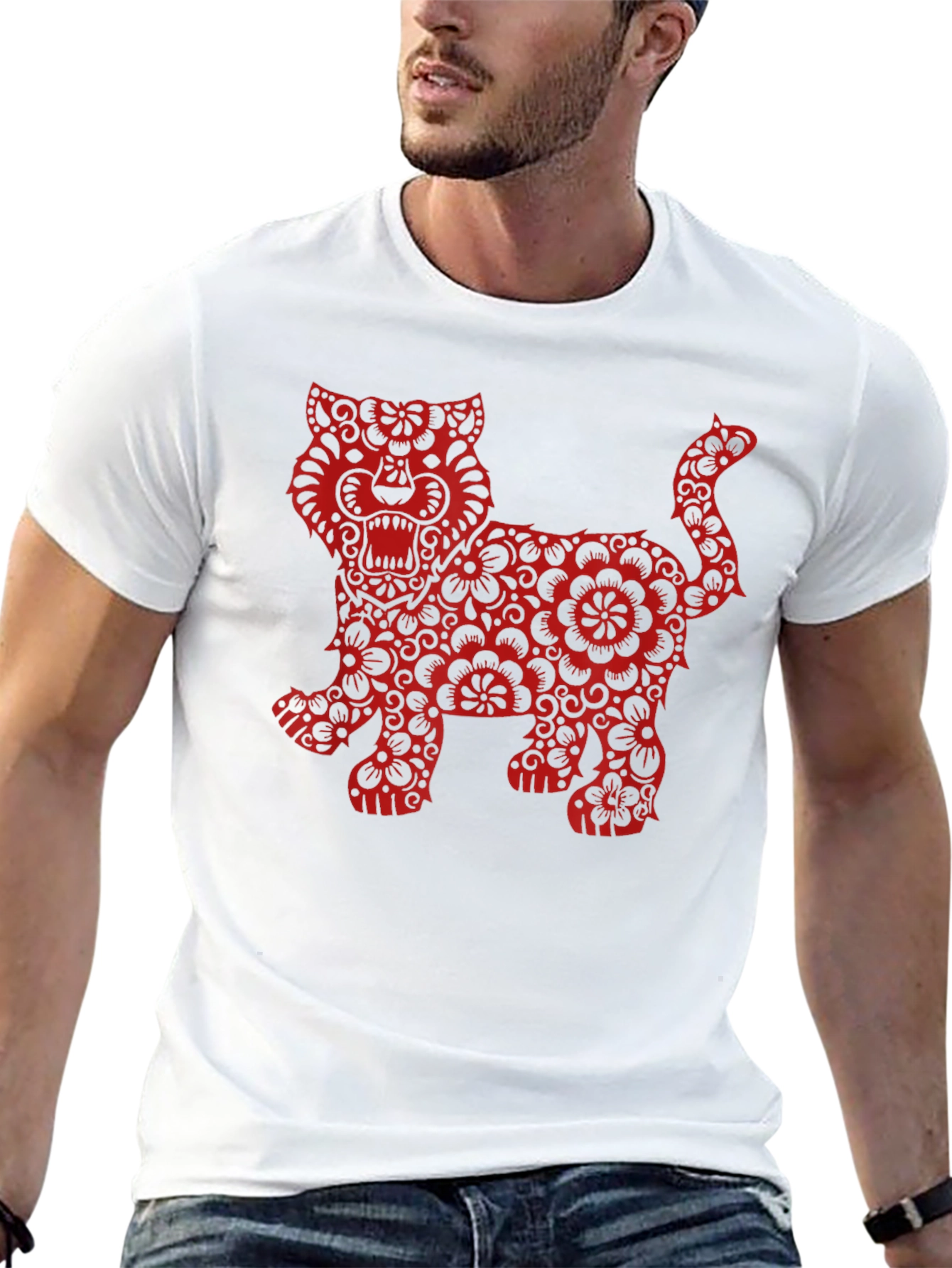Floral Tiger Graphic Print Black T-Shirt