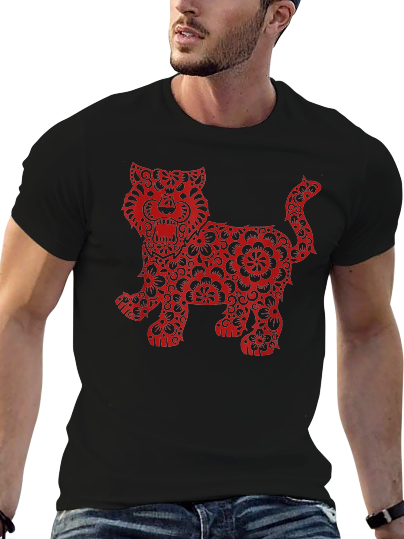 Floral Tiger Graphic Print Black T-Shirt
