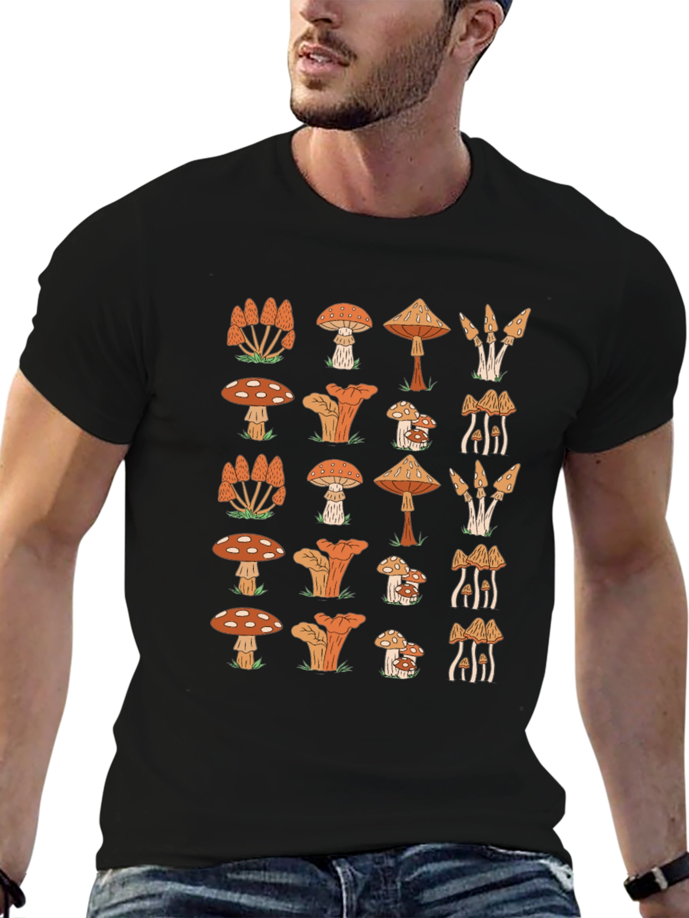 Funky Mushroom Pattern Black T-Shirt