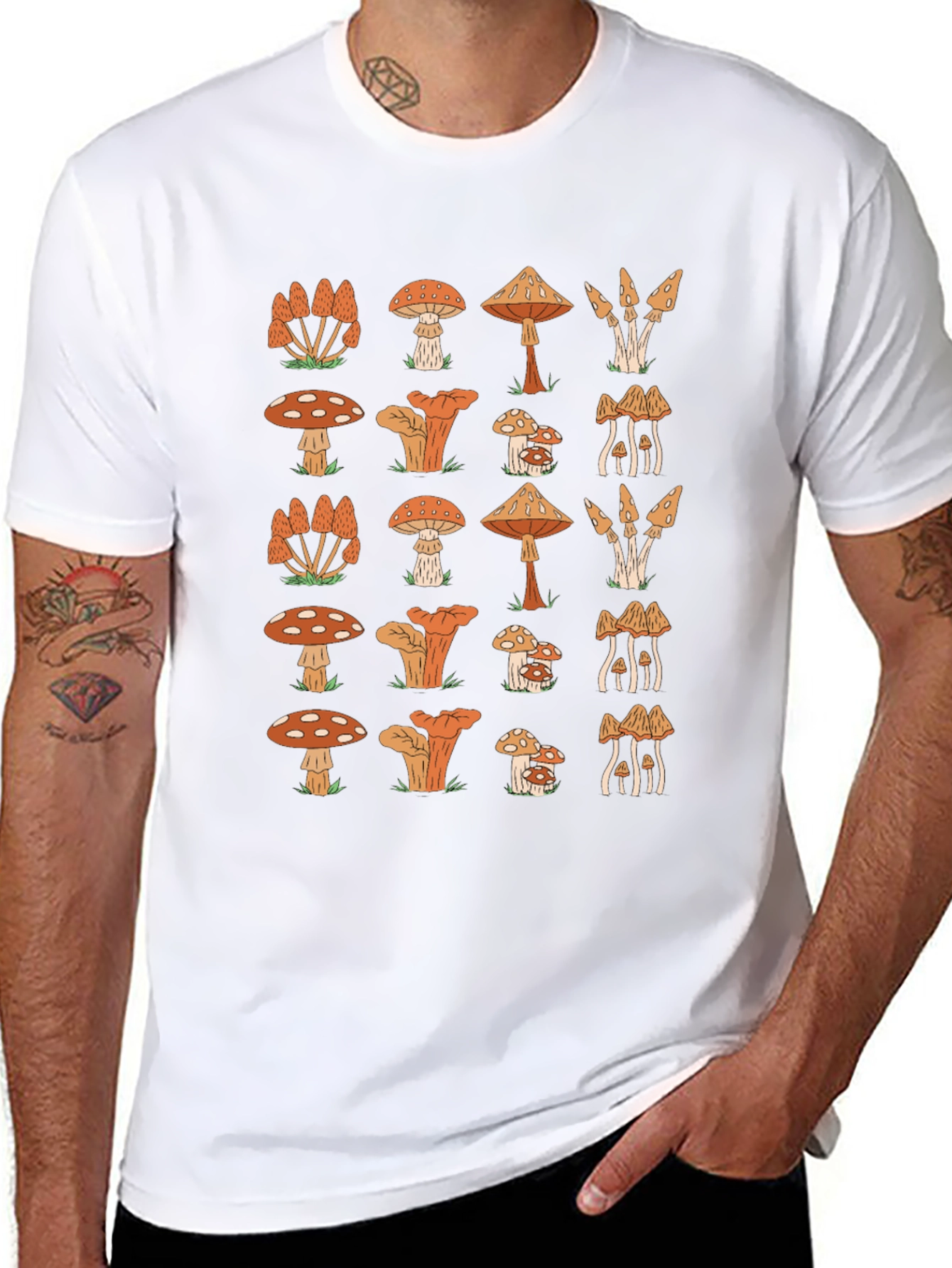 Funky Mushroom Pattern Black T-Shirt