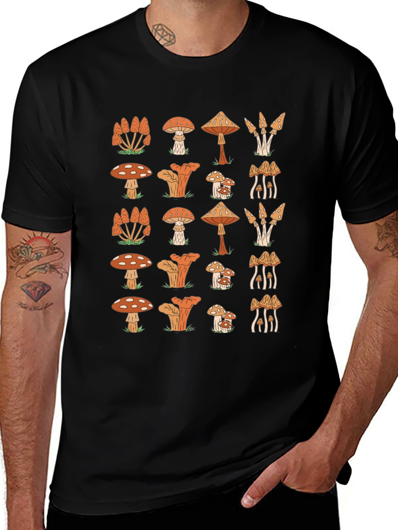 Funky Mushroom Pattern Black T-Shirt