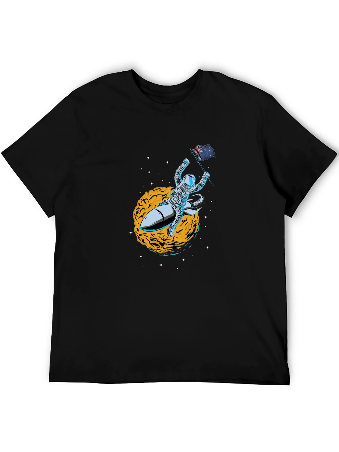 Astronaut Flag Rocket Black T-Shirt