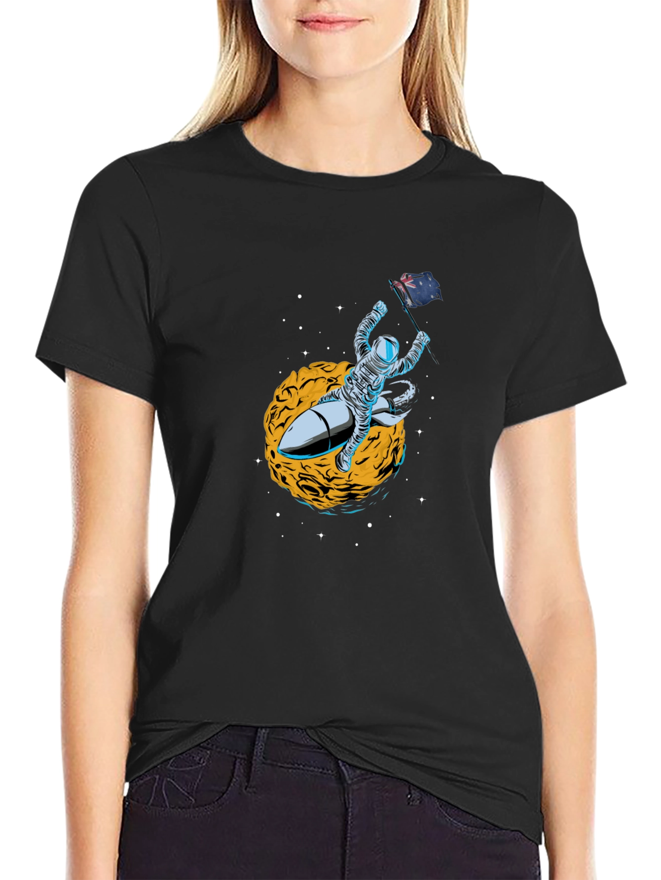 Astronaut Flag Rocket Black T-Shirt