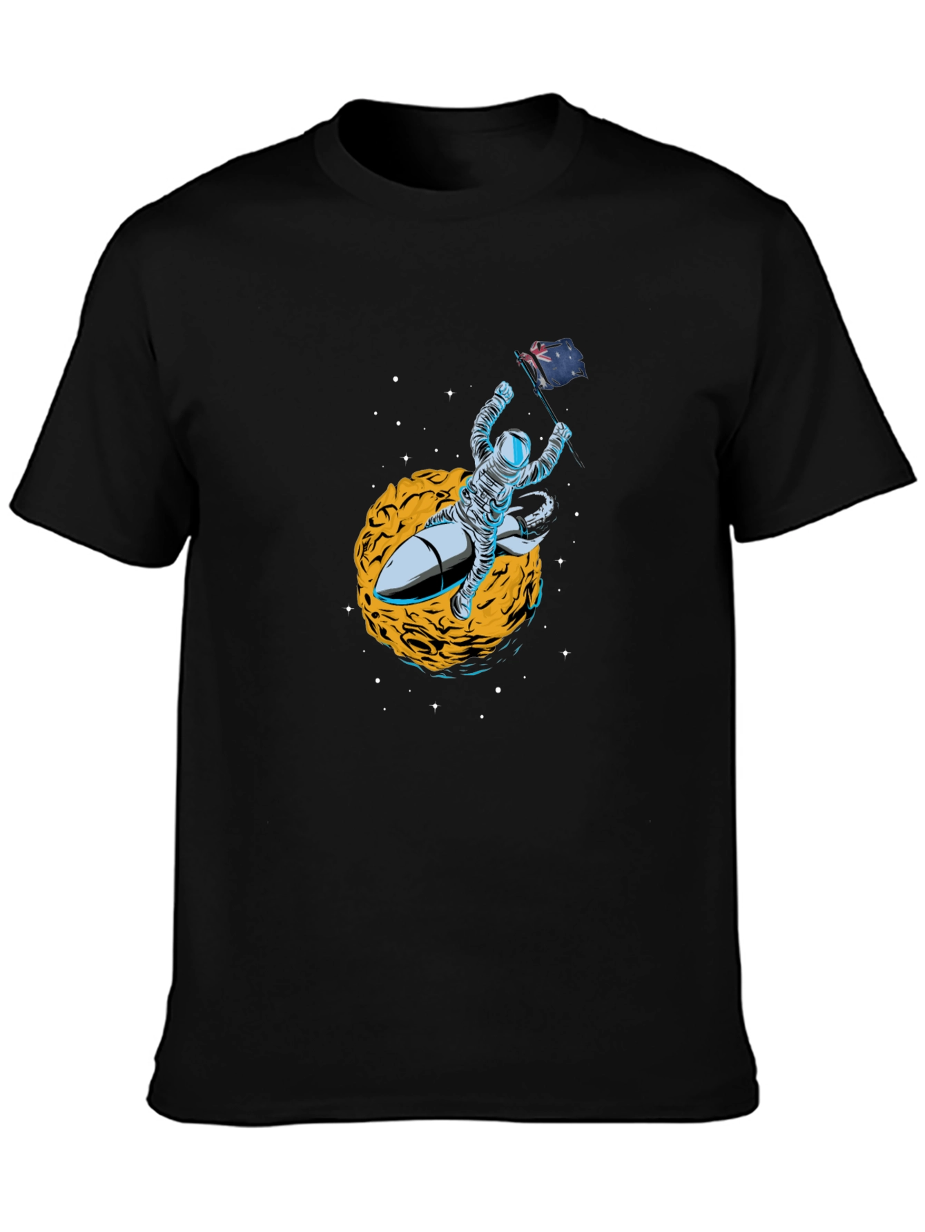 Astronaut Flag Rocket Black T-Shirt