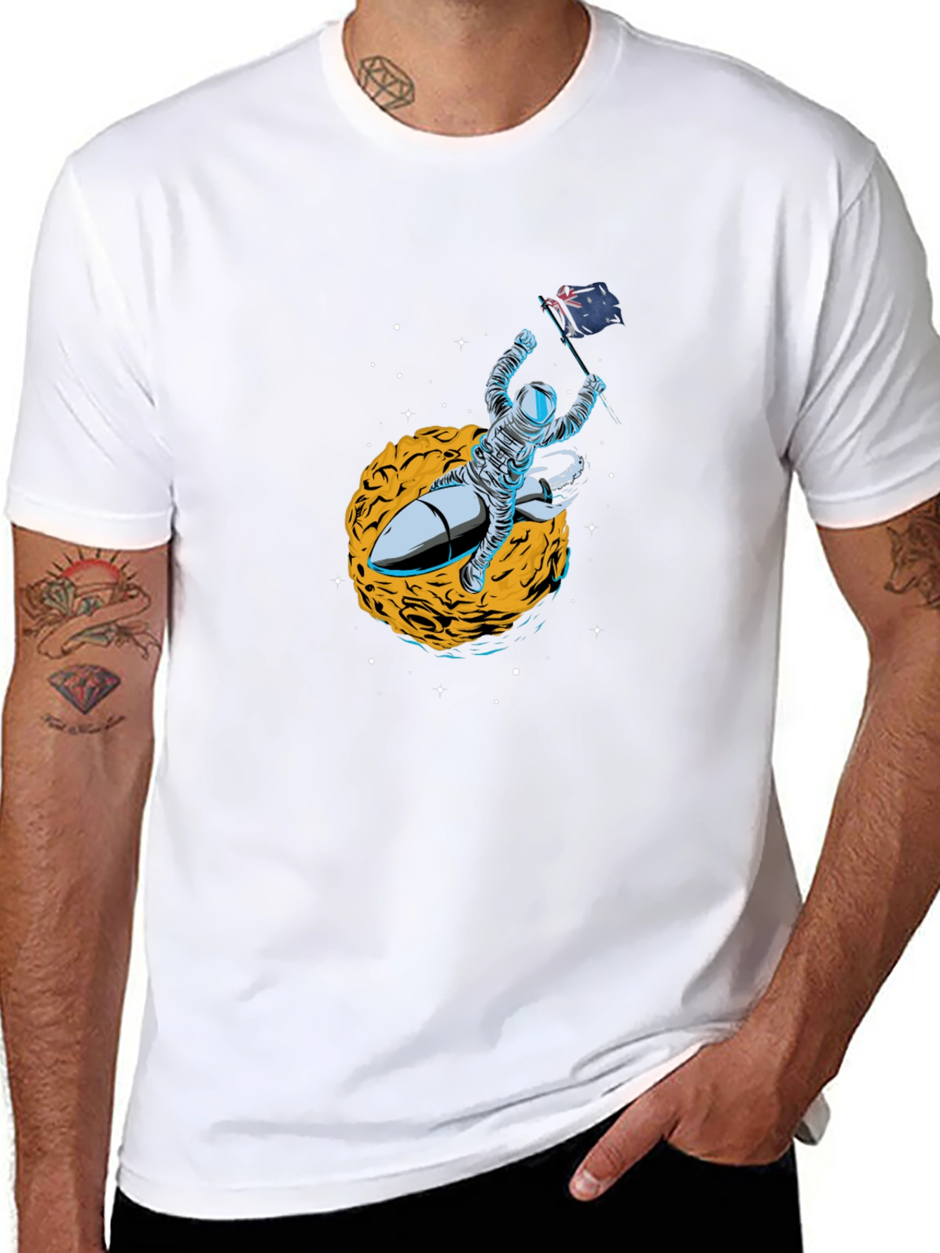 Astronaut Flag Rocket Black T-Shirt