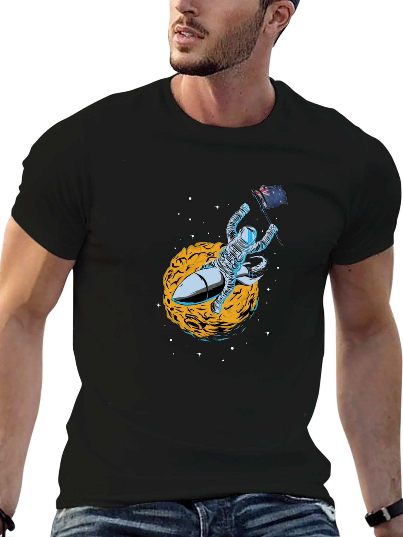 Astronaut Flag Rocket Black T-Shirt