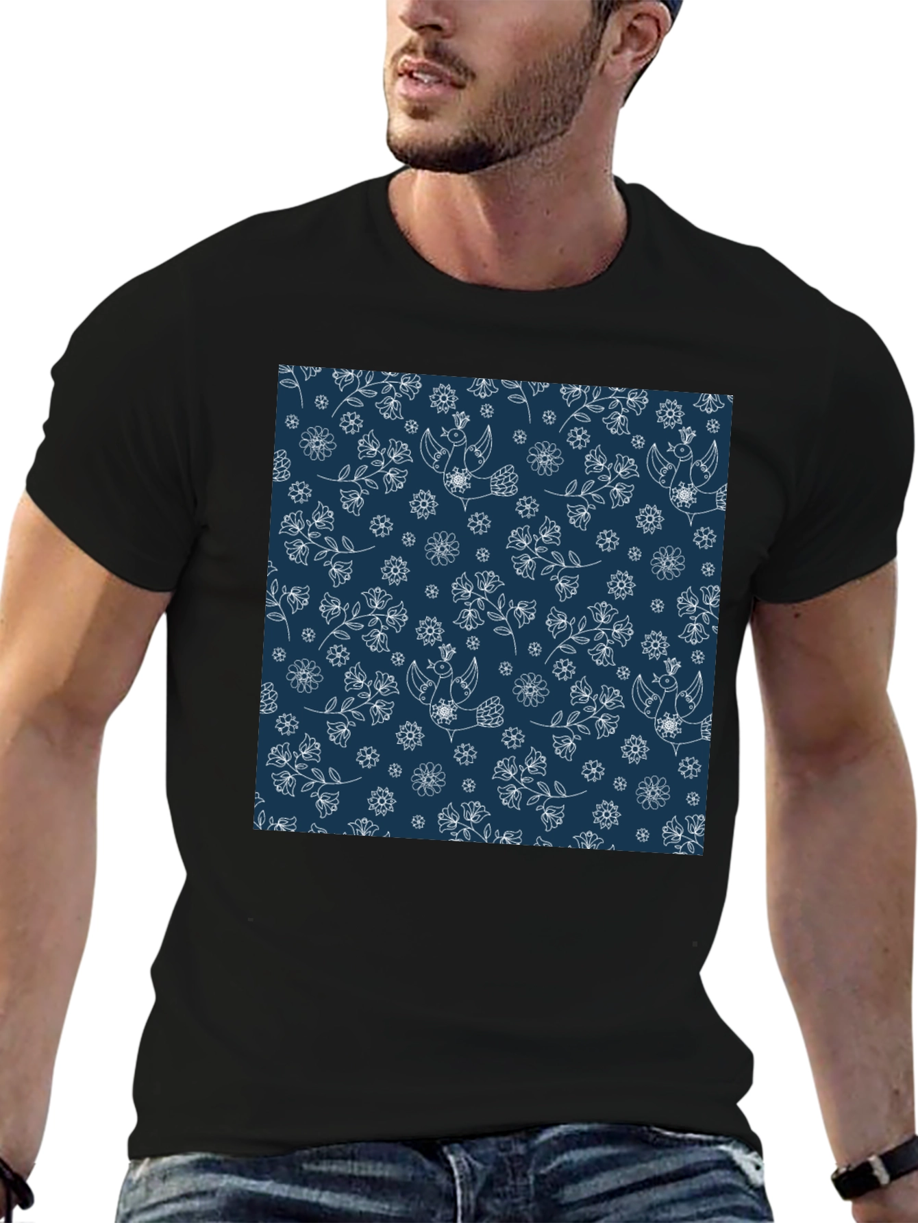 Floral Bird Print Black T-Shirt