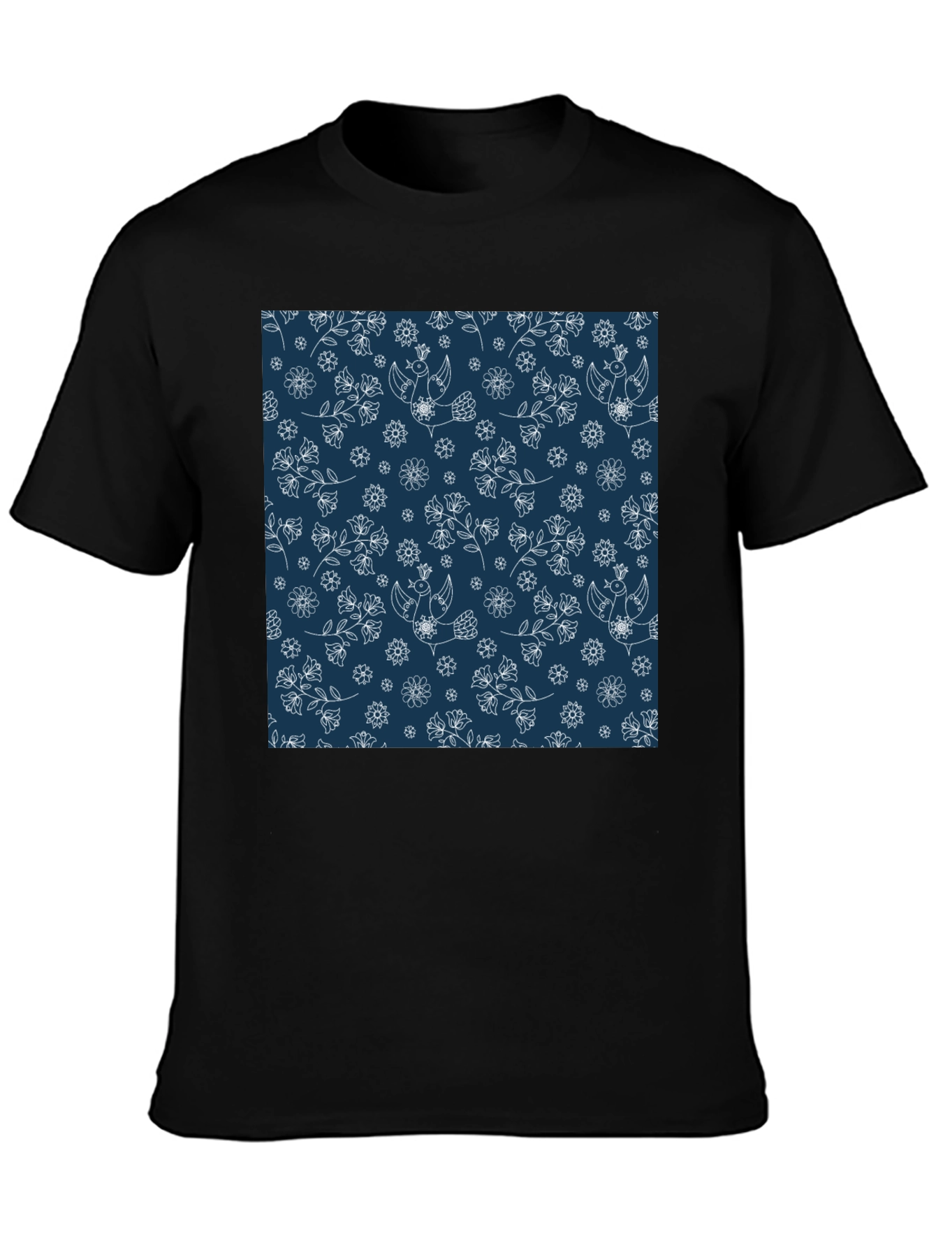 Floral Bird Print Black T-Shirt