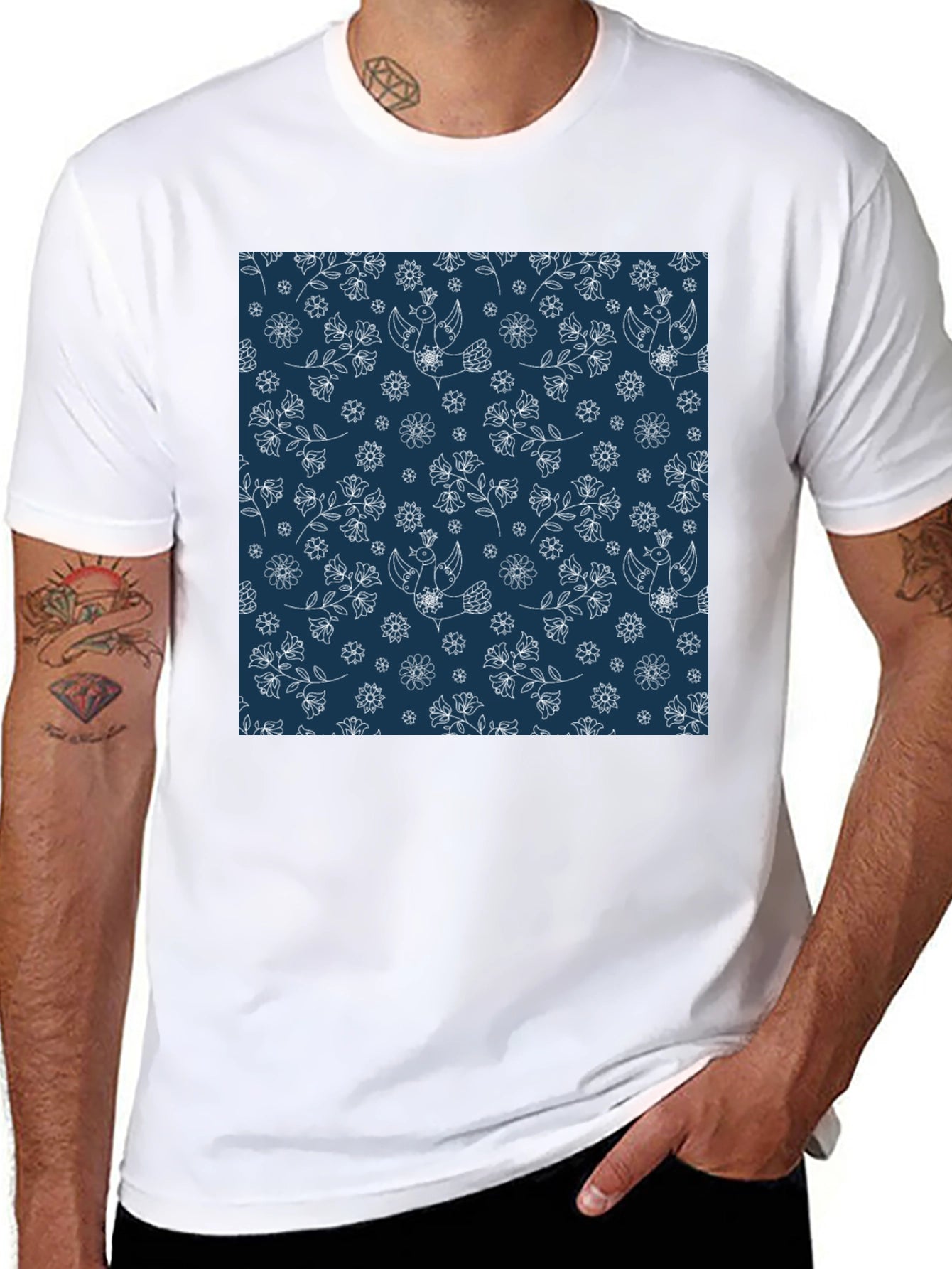 Floral Bird Print Black T-Shirt